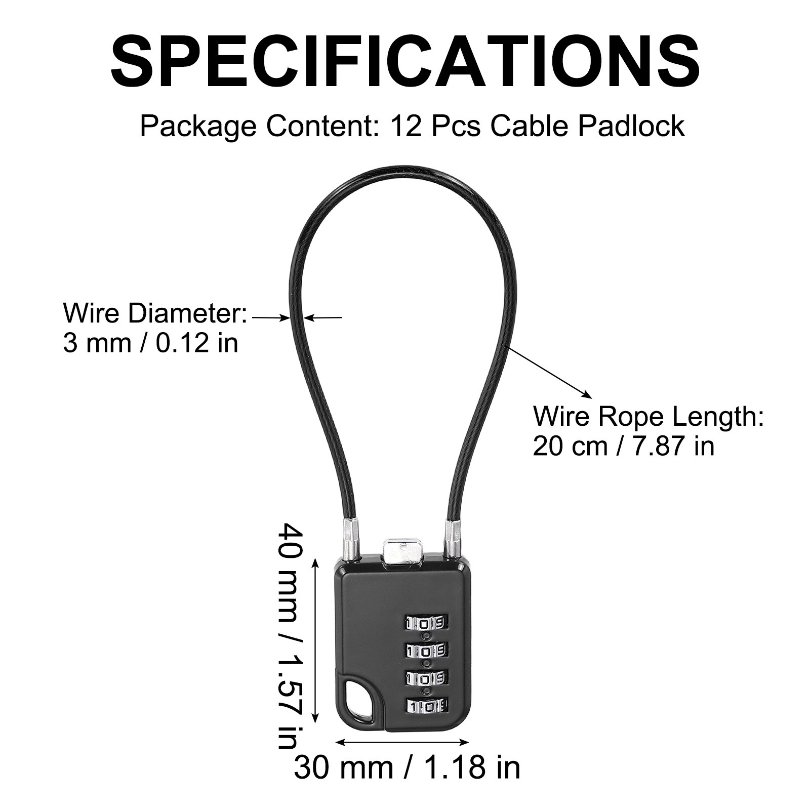 12Pcs Combination Cable Padlock with 7.9" (20cm) Flexible Cable, Black
