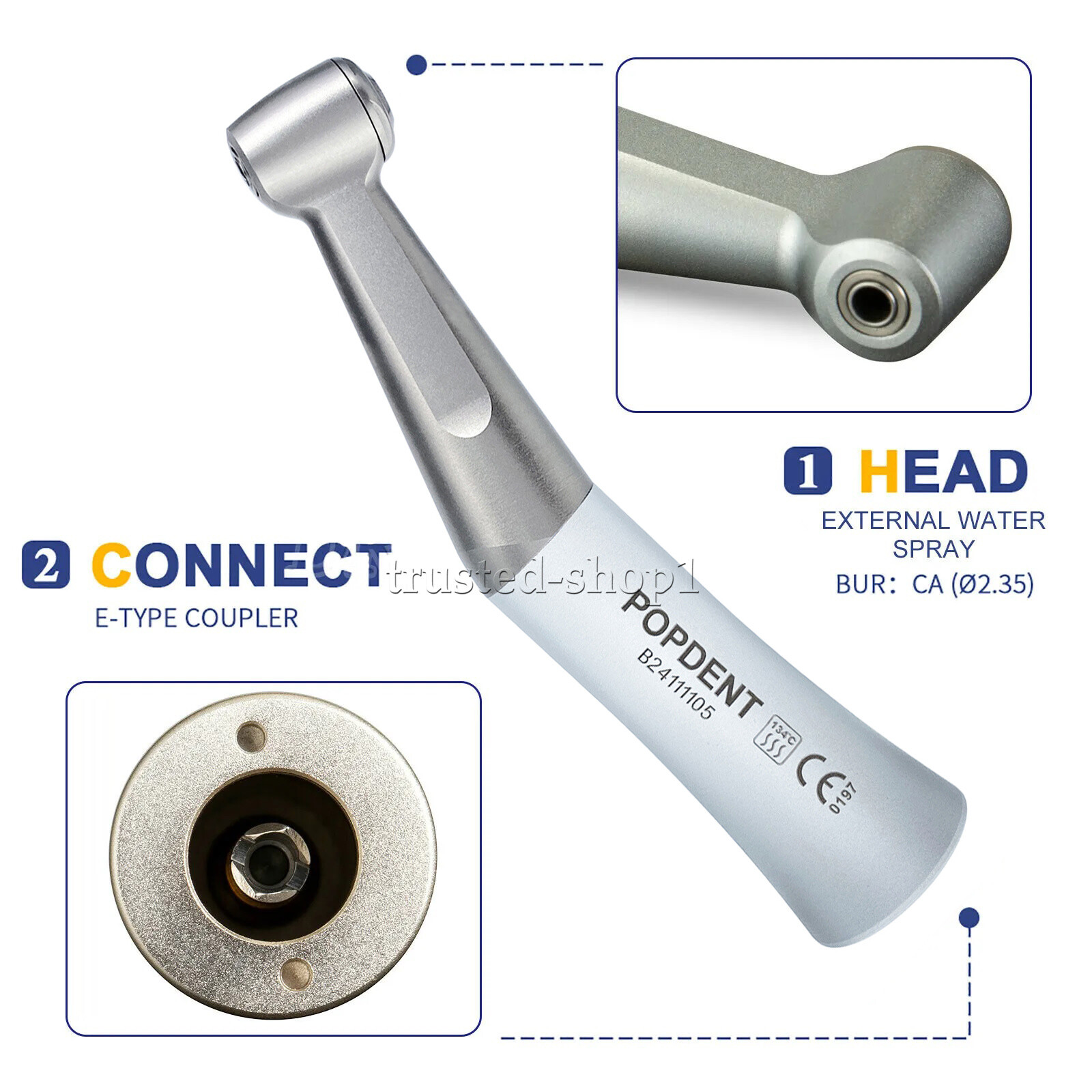 Dental Slow Low Speed Contra Angle Handpiece E-Type Push Button Head 1:1 POPDENT