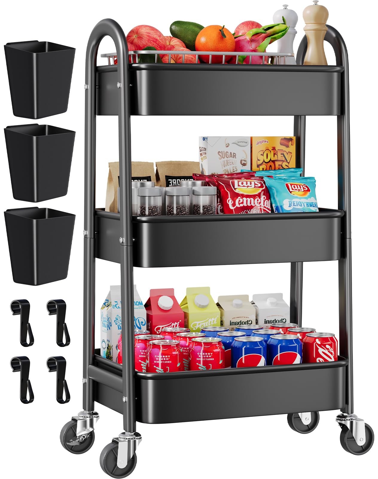Rolling Cart Metal with Wheels Basket Cups and Hooks 3 Tier Black