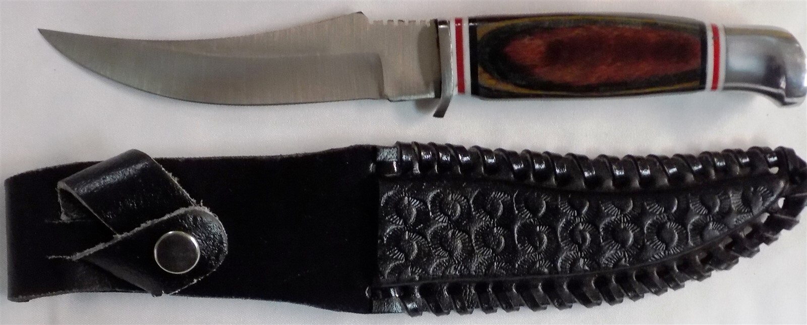 Hunting Knife Steel Bolster W/Muti Color Wood Handle ~8.5" Long, Blade ~4"