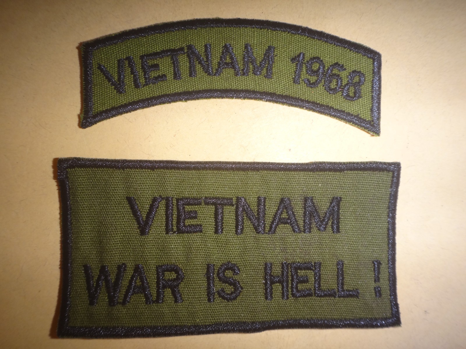 2 Vietnam War Subdued Patches: VIETNAM 1968 and VIETNAM WAR IS HELL !