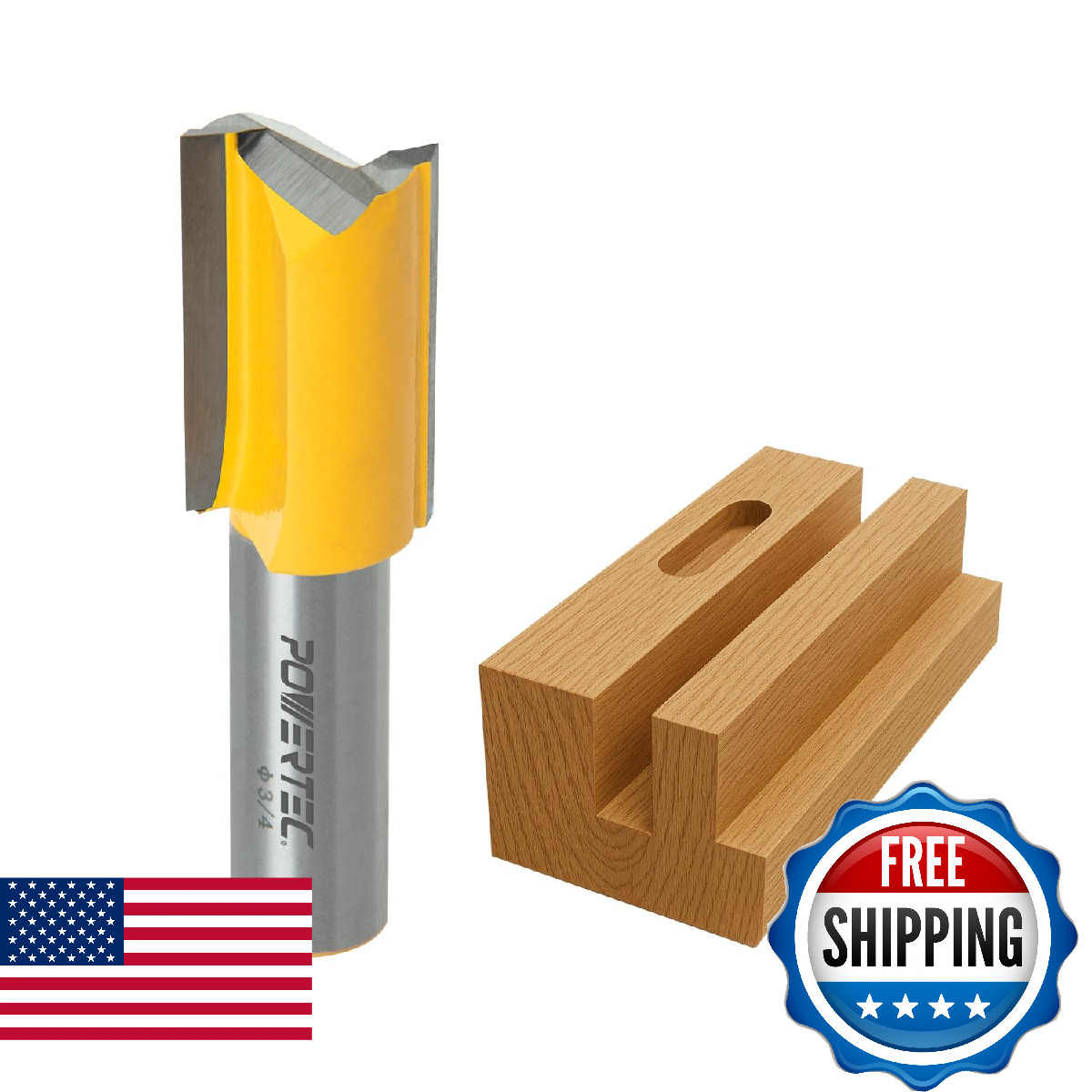 POWERTEC Tungsten Carbide Tipped Double Flute Straight Router Bit, 1/2" Shank, 3