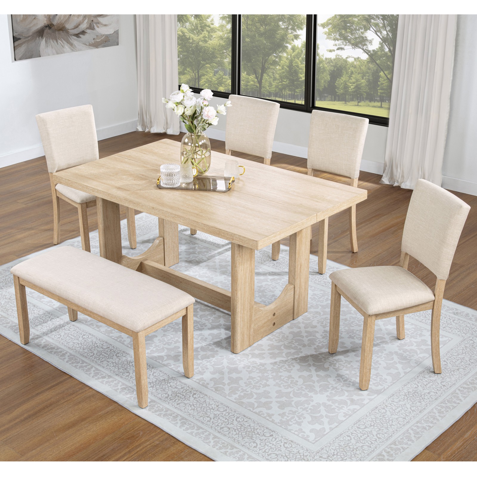 6-Piece Dining Set with Bench & Rectangular Wooden Table & 4 Upholstered Chair