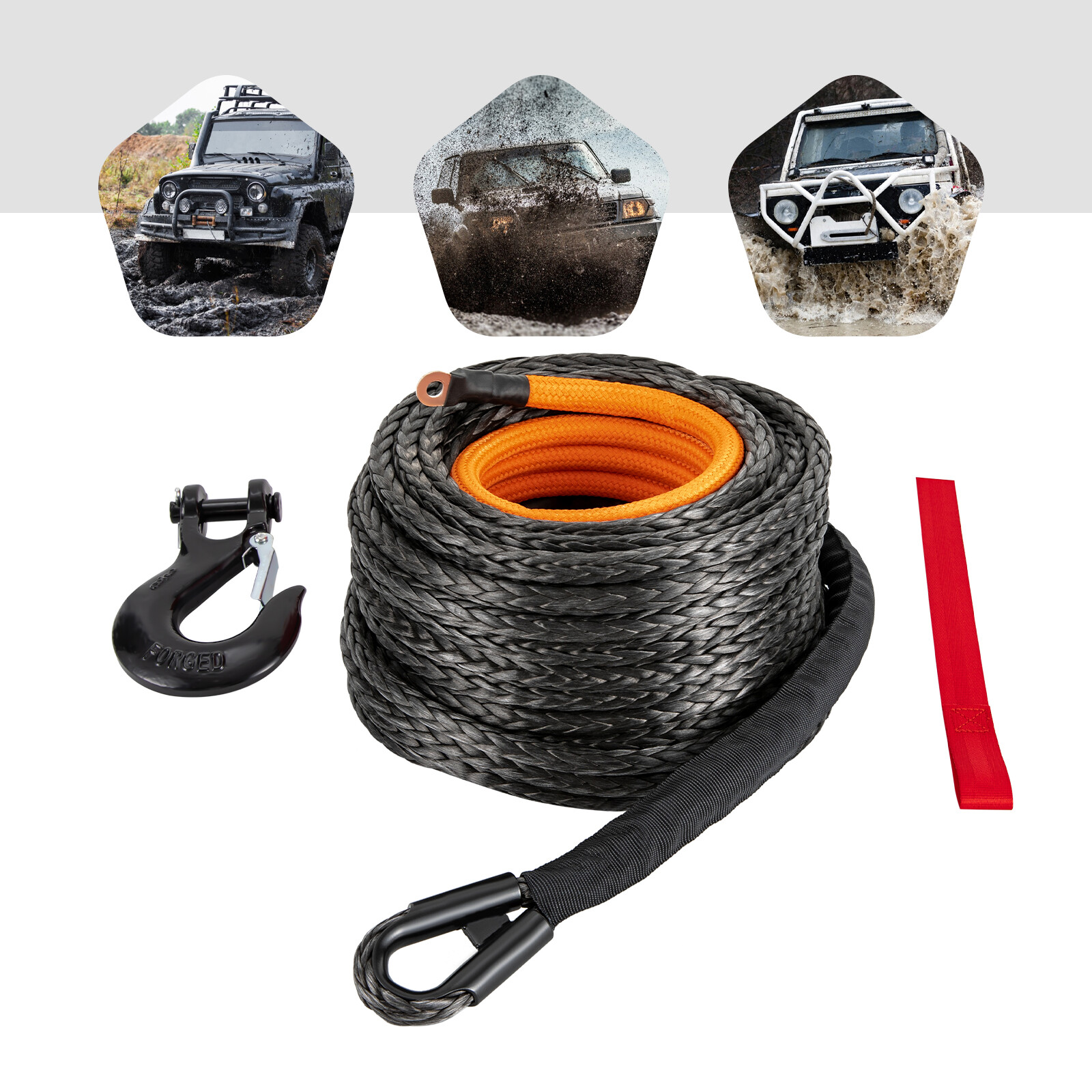 1/2x92ft Synthetic Winch Rope w/ Hook 31500LBS Car Tow Recovery Cable Tow Orange