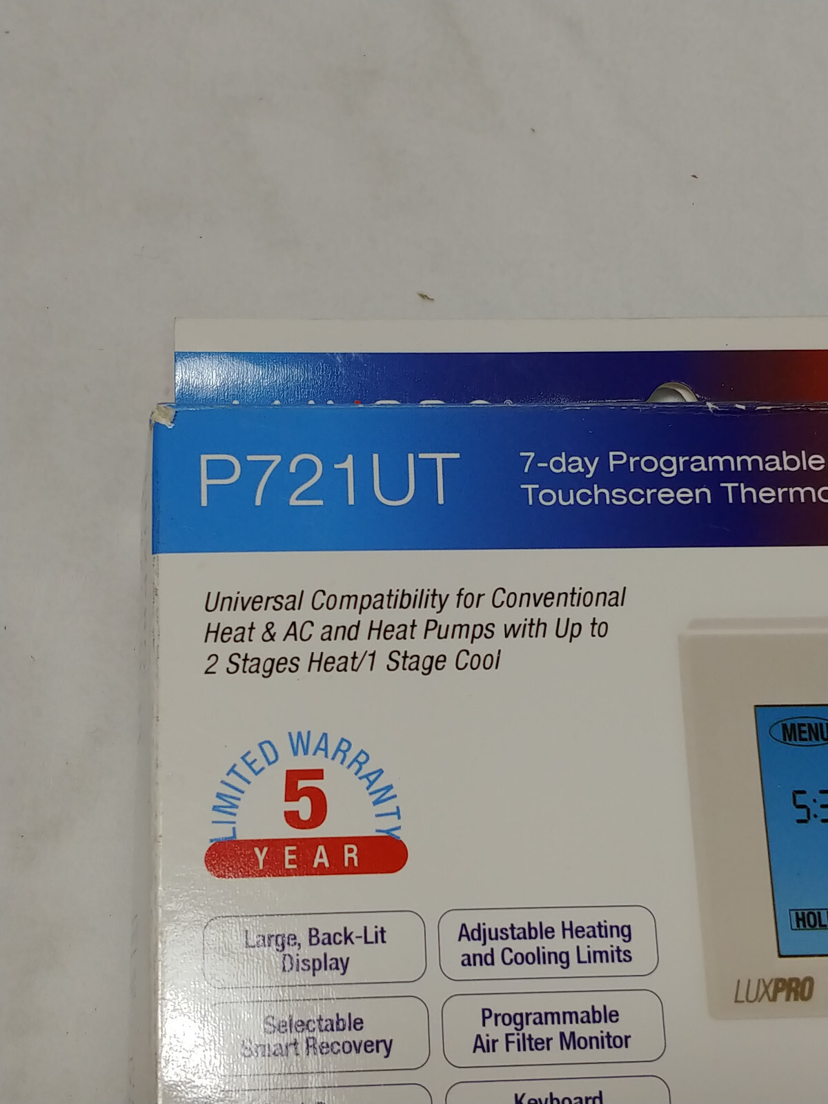 LuxPro Universal 7-Day Touchscreen Programmable or Manual Thermostat P721UT NOS