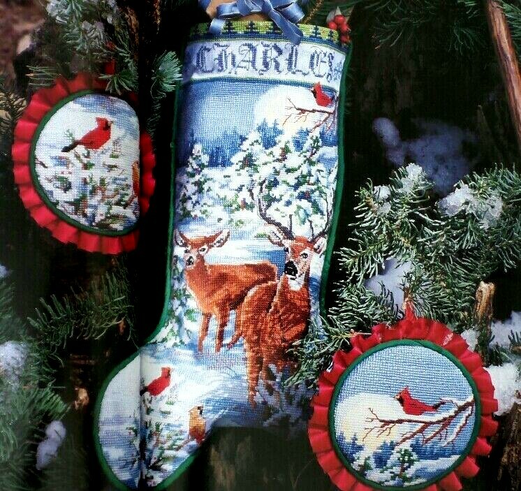 Cross Stitch Pattern SNOWY FOREST EVENING Stocking Deer Cardinal Snow Trees
