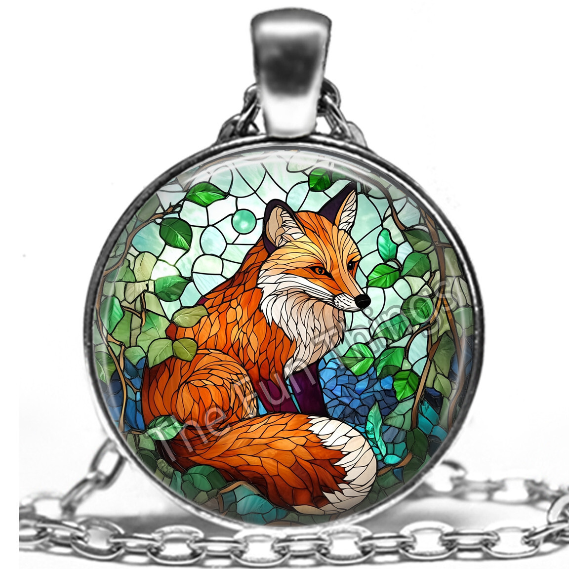 Woodland Fox Necklace Pendant & 24" Chain Faux Stained Glass Fox Jewelry Gifts