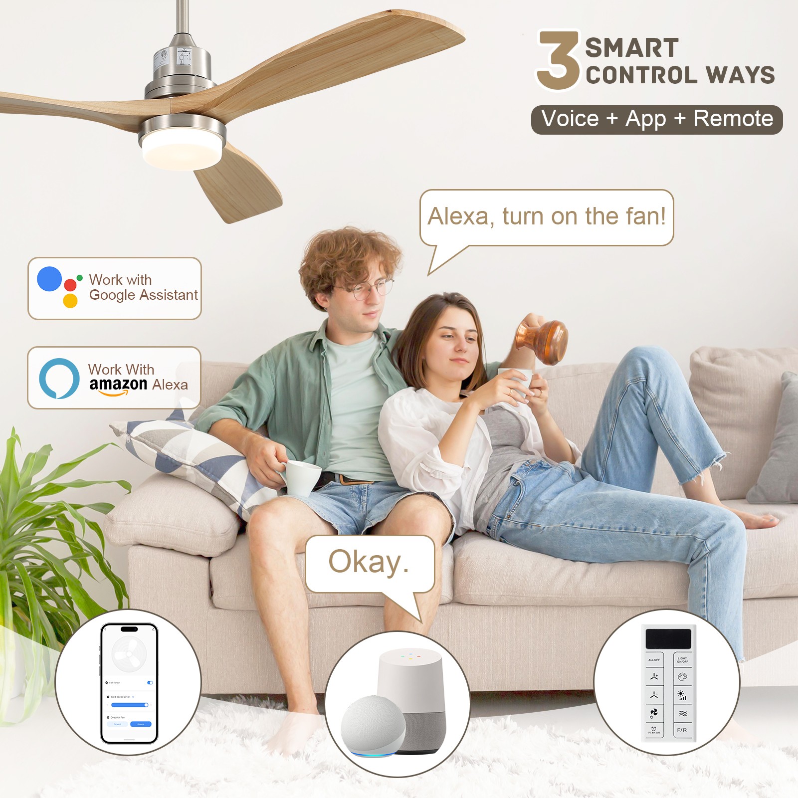 52'' Smart Wood Ceiling Fan w/ Stepless Dimmable LED Work with APP Google/Alexa
