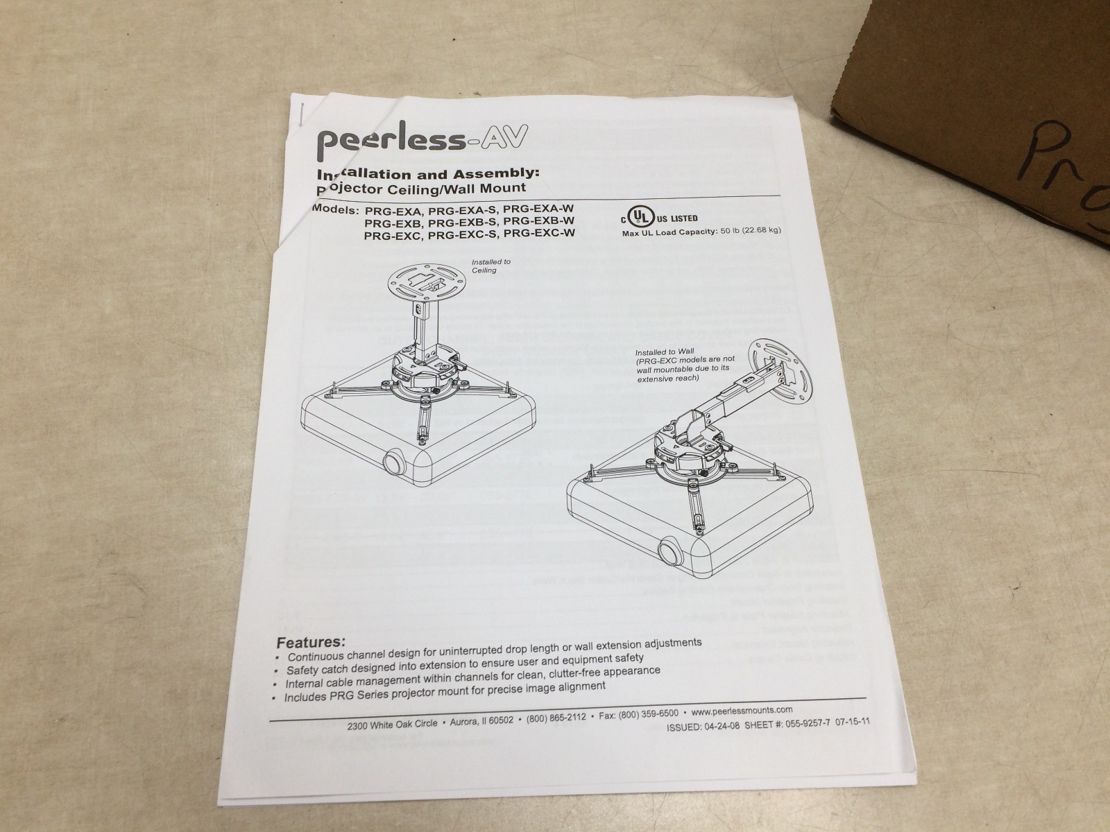 Peerless-AV PRG-EXC Projector Ceiling/Wall Mount 50lb Capacity