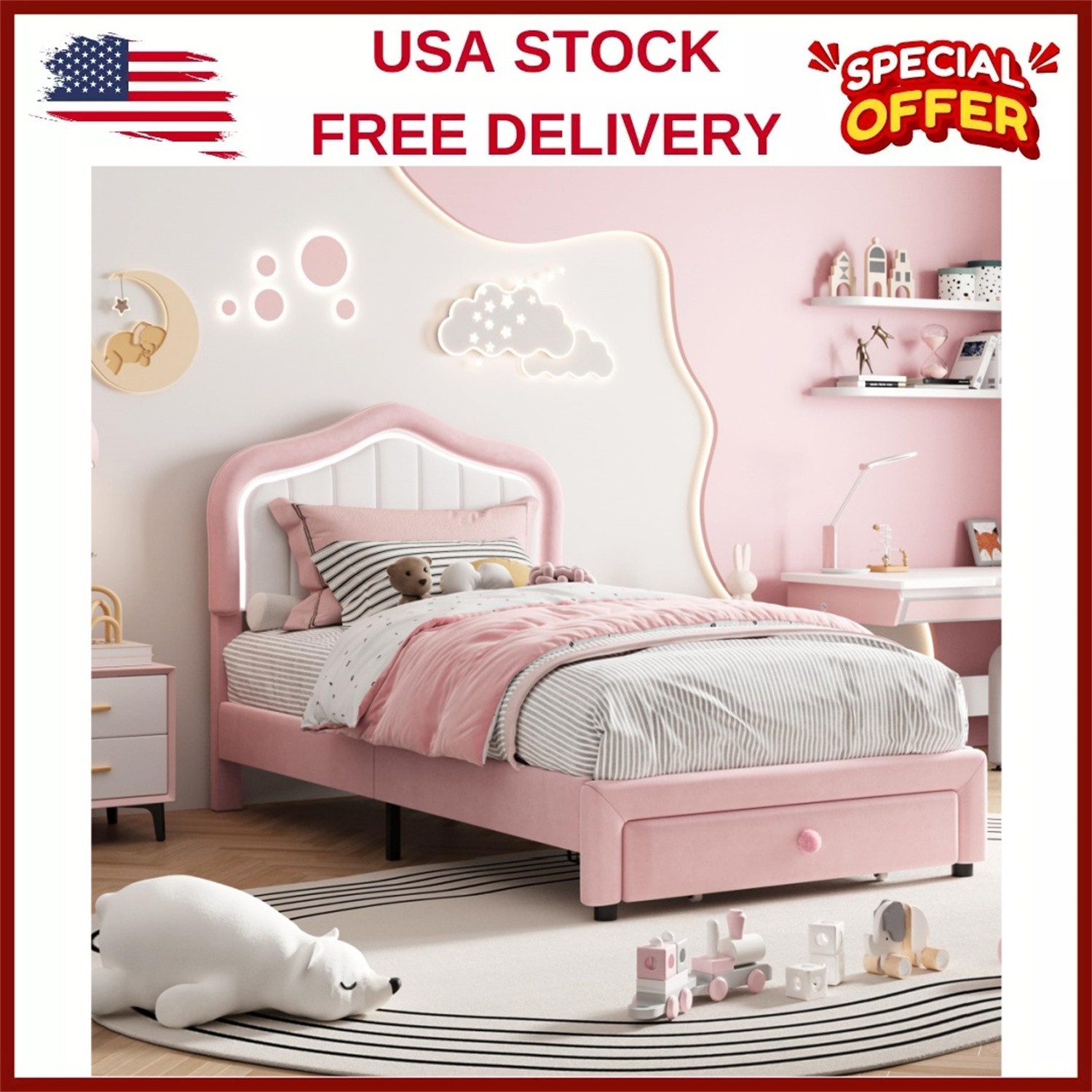 🆒Twin-XL Size Platform Bed Frames for Kids Storage Drawer Smart Led Headboard