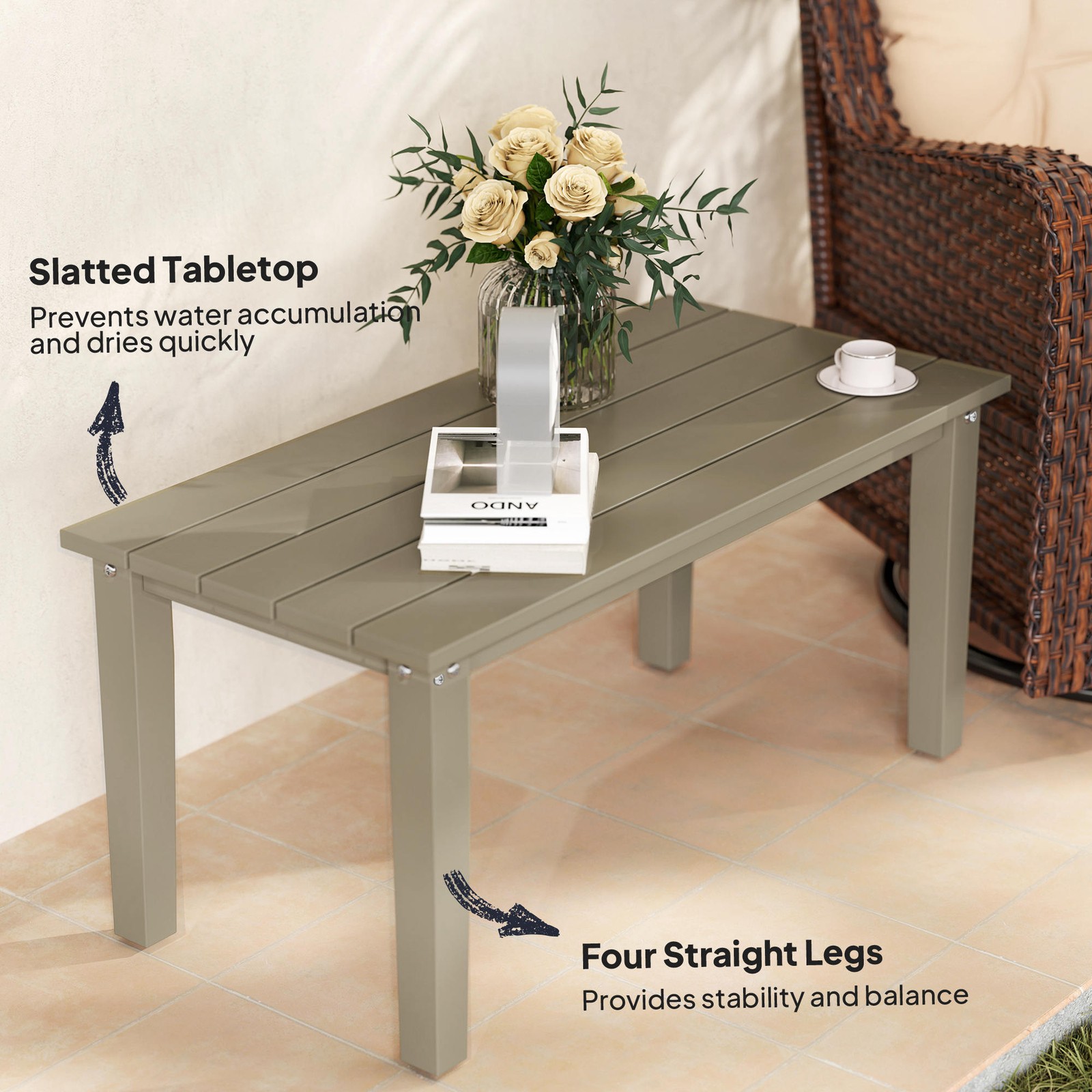 Outsunny HDPE Outdoor Coffee Table, Rectangle Slatted Patio Table, Brown