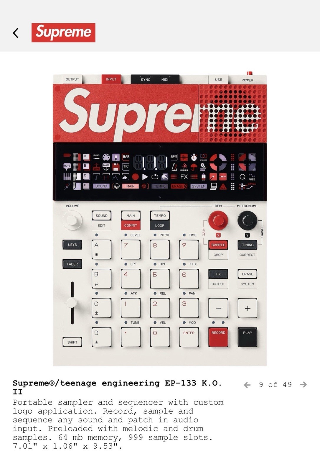 Supreme x Teenage Engineering EP–133 K.O. II -  Sampler Limited Edition Sealed