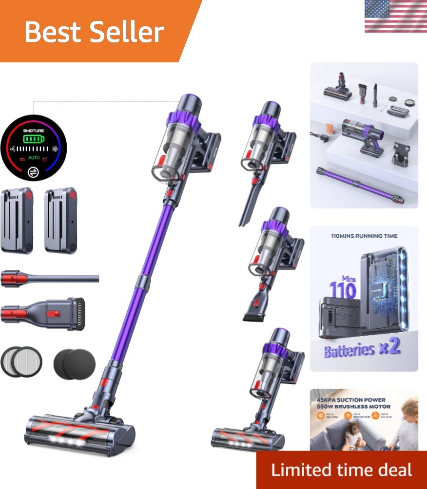 Cordless Vacuum Cleaner 2 Batteries 110 Mins Runtime 45Kpa 550W Stick Vacuum