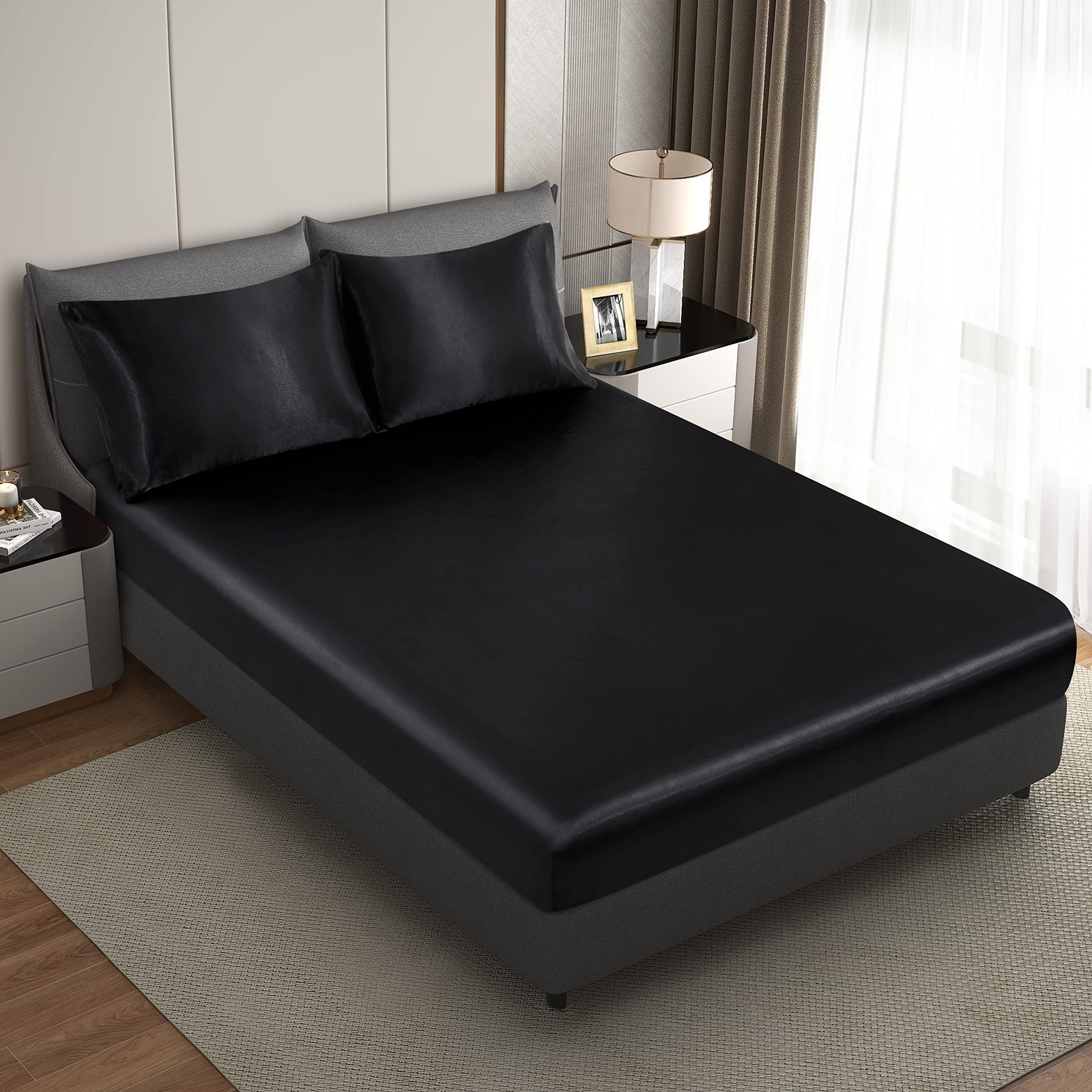 Silk Satin Black Twin Fitted Sheet Deep Pocket Fitted Sheet Only Breathable N...