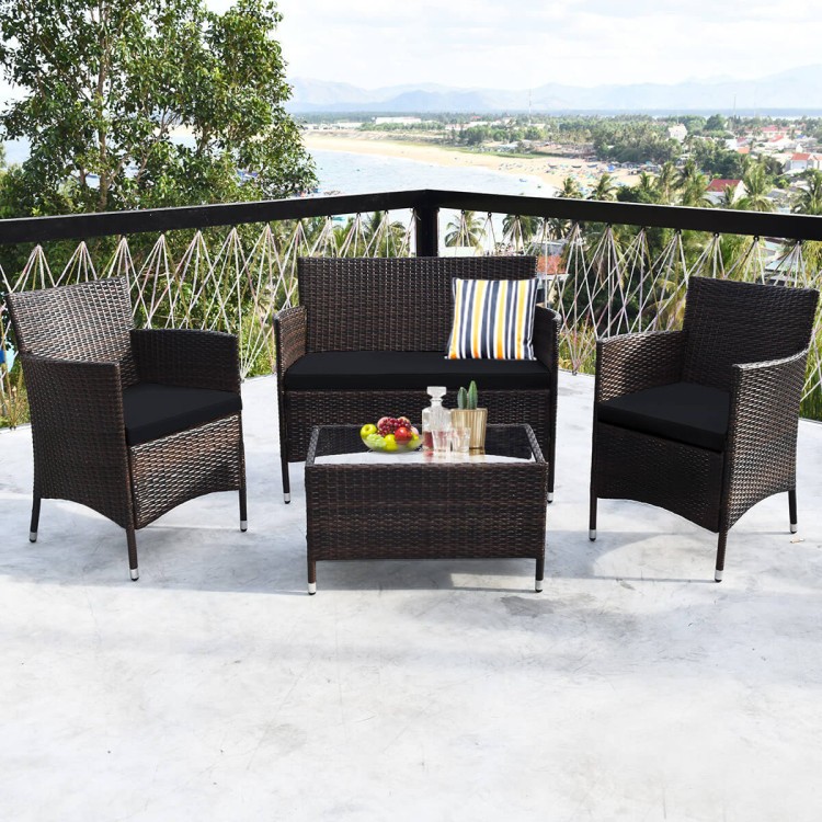 4-Piece Rust-Resistant Steel+Rattan Outdoor Sofa Set & Rectangle Glass Table