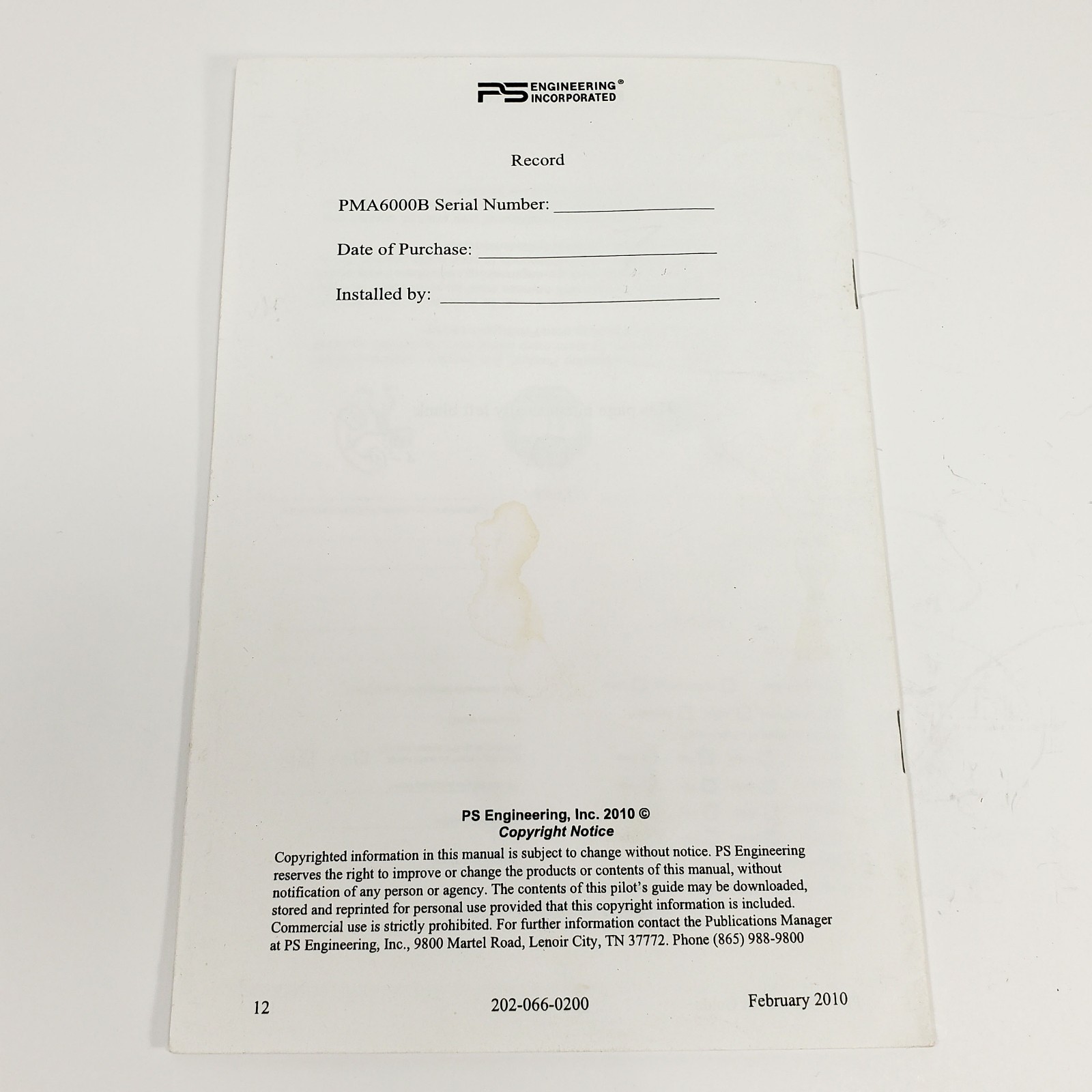 PMA6000B Audio Panel Operators and Installation Manual 2010