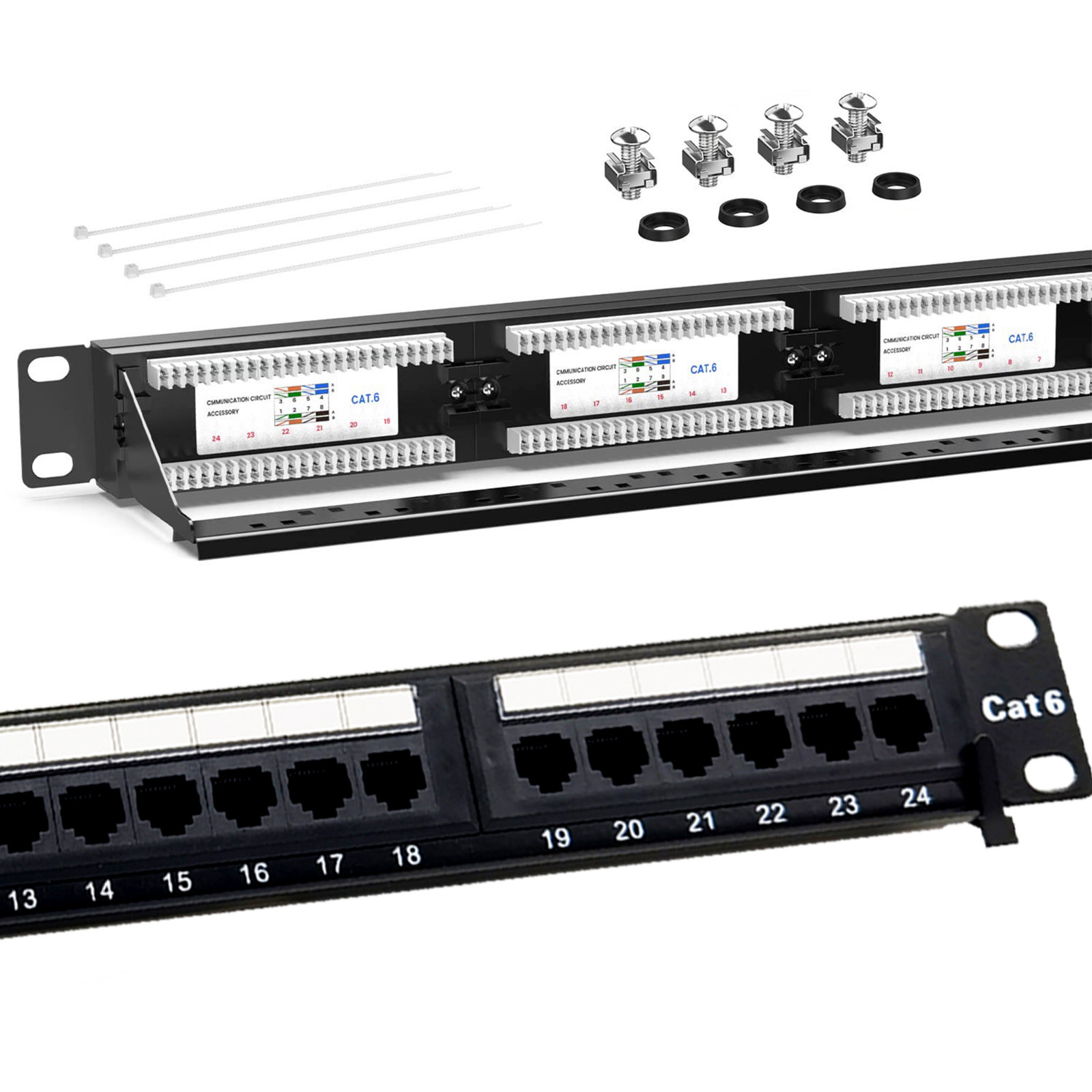 24 Port Patch Panel Cat6-19” Rack Mount 1U,RJ45-110 Type- Rear Support Bar