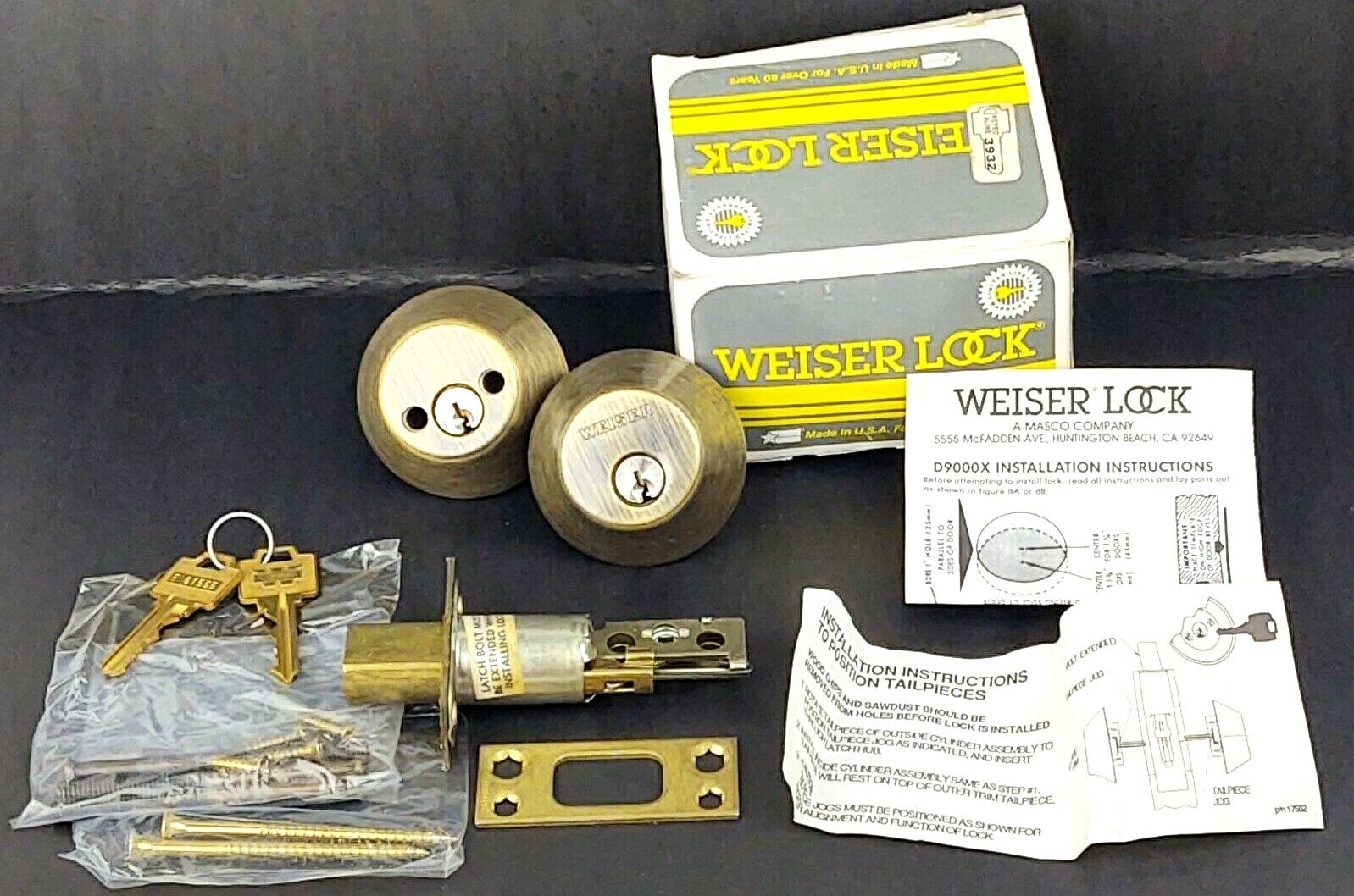 VTG Weiser Deadbolt Deadlock Door Lock D 9370 X Brushed Brass Double Cylinder