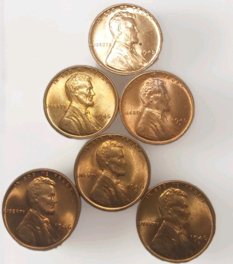 Total Six 1945 P D S & 1946 P D S Lincoln Wheat Pennies RD 1C Gem BU 6 Pc Set