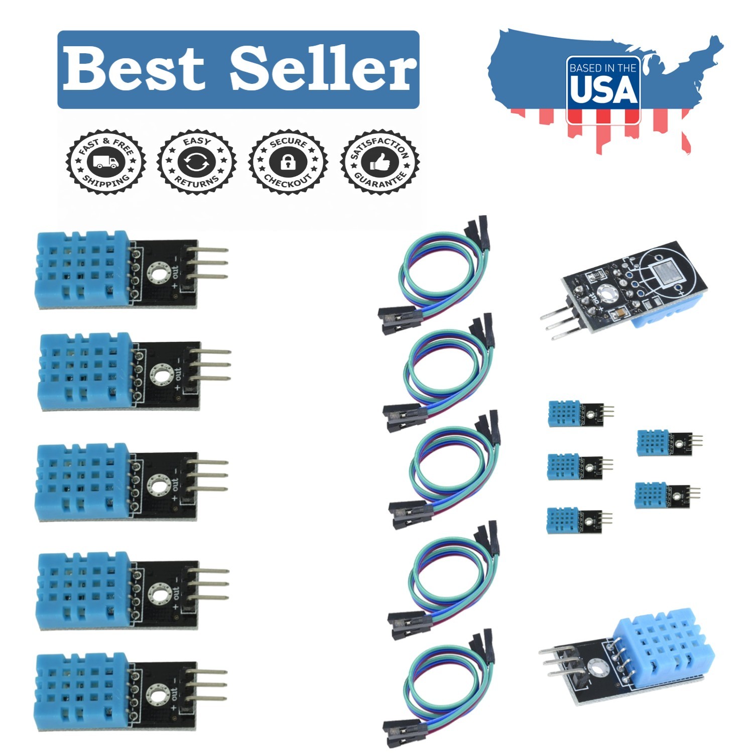 5-Pack Pre-Calibrated Temperature & Humidity Sensors with Easy Wiring—3.3V-5V