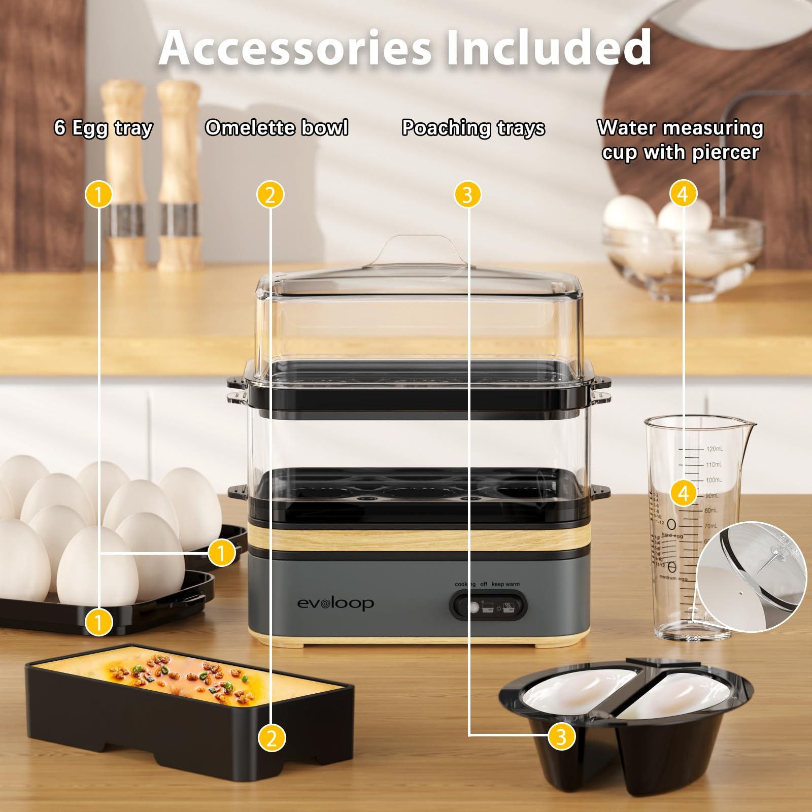 Evoloop Rapid Egg Cooker Electric 12 Eggs Capacity, Soft, Medium, 5*7*8, Grey