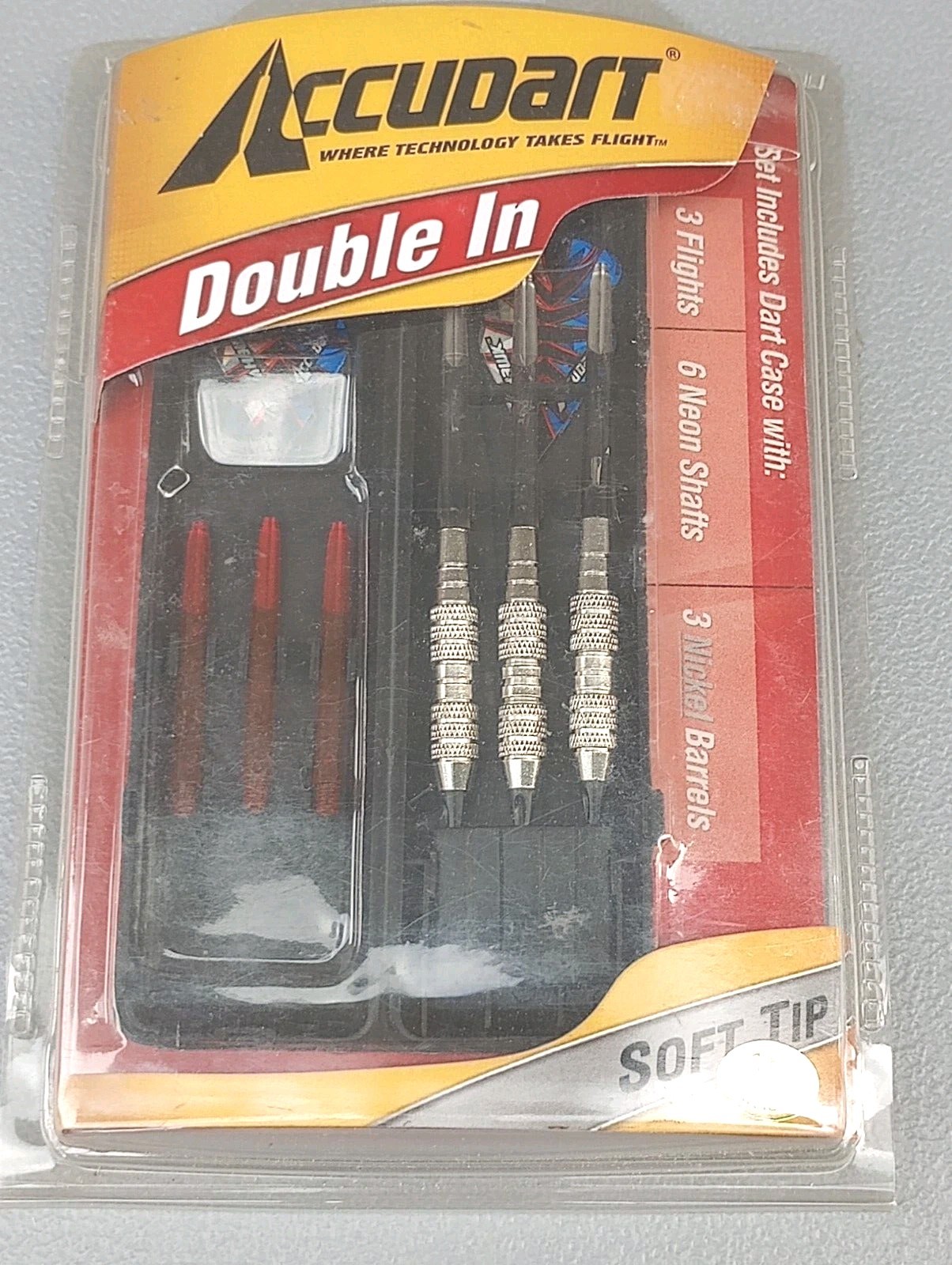 Accudart Double-in Case, 3 Nickel Barrels, 3 Flights, 6 Neon Shafts, 16G - New