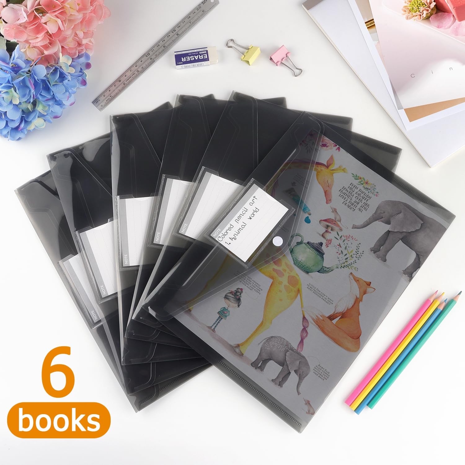 6 Pack Plastic Envelopes, Clear Document Folders, A4 Size, Grey