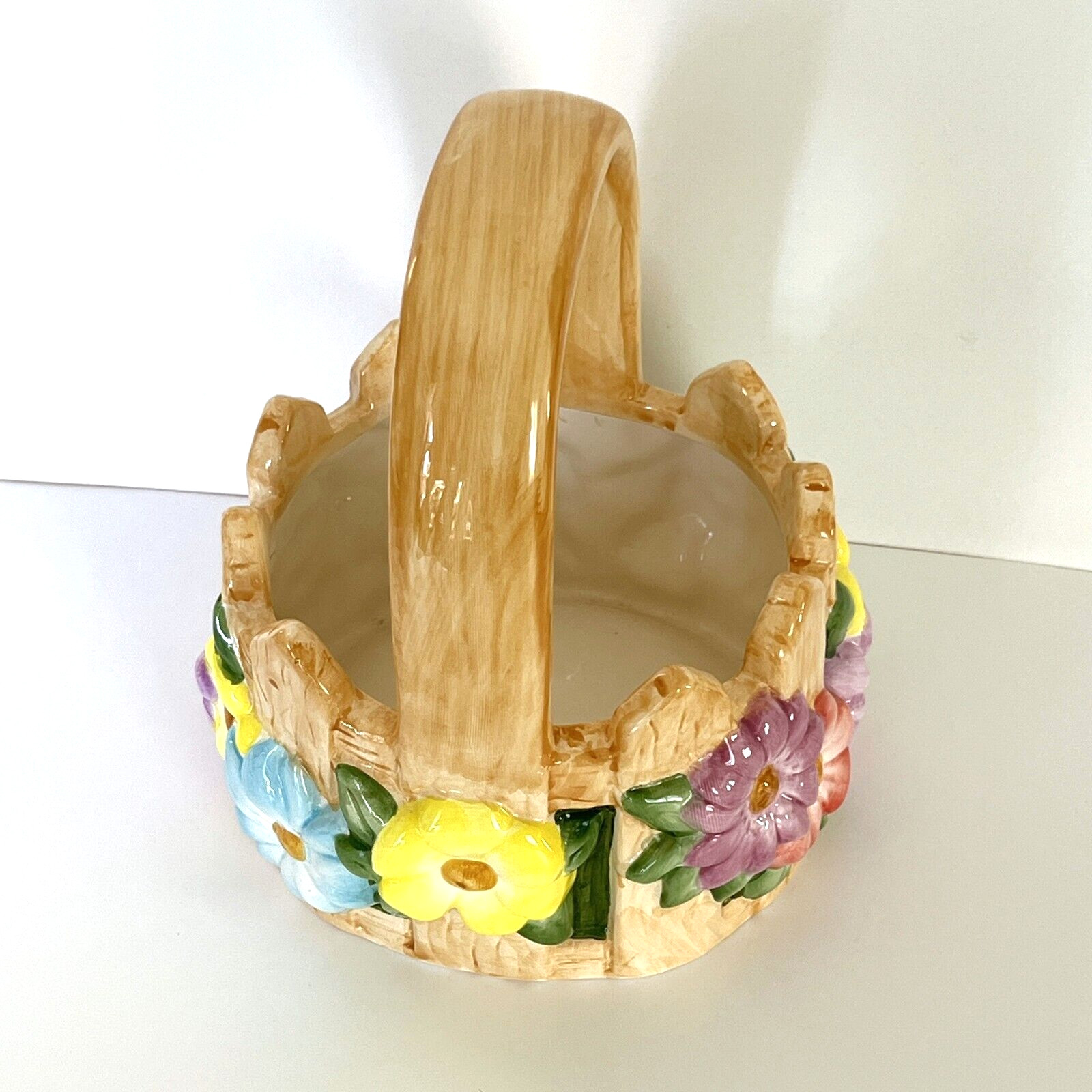 Ceramic Basket Planter Easter Spring Picket Fence Multicolor Spring Flowers