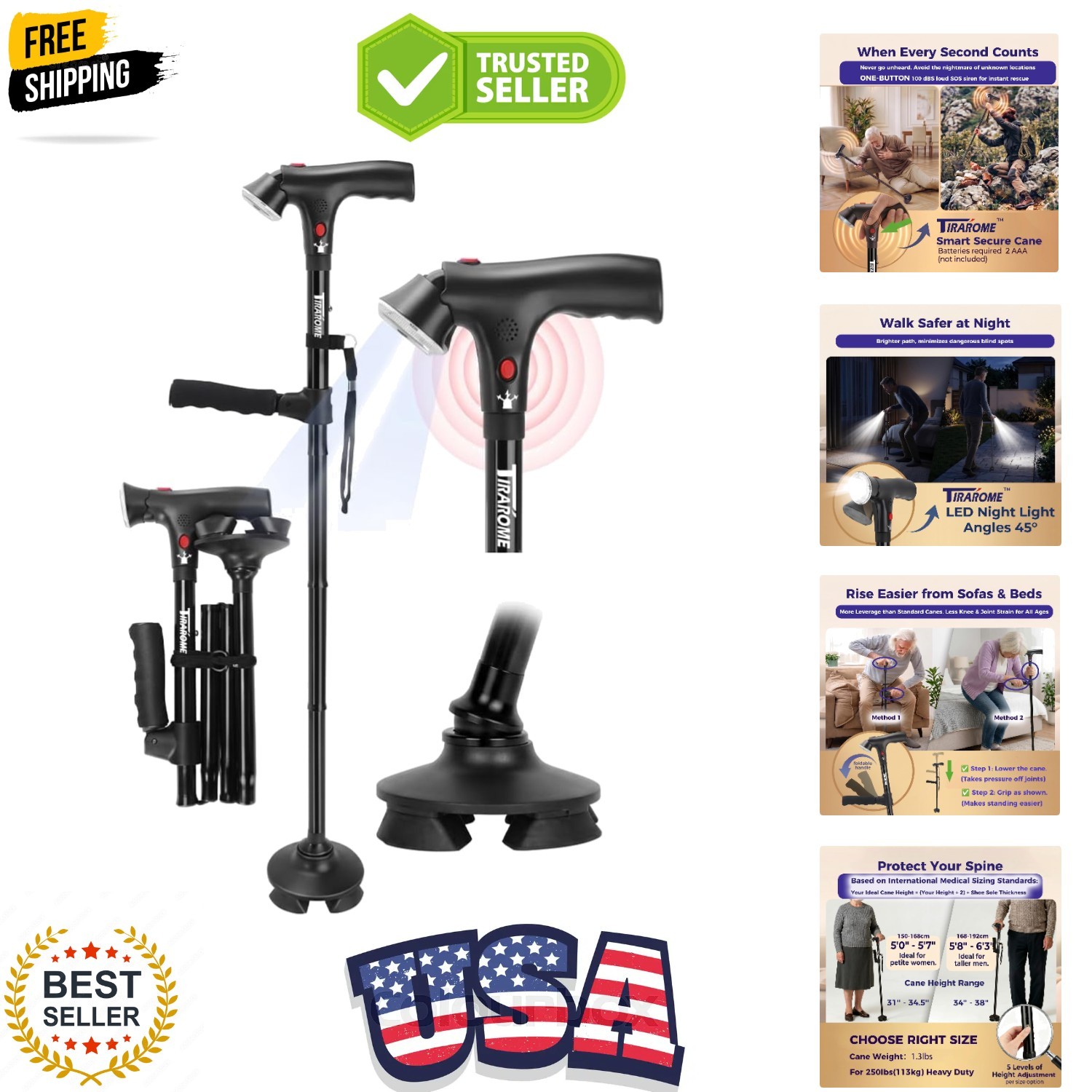 Walking Cane for Men & Women, Smart Cane with Alarm & Light | Foldable,Free S...