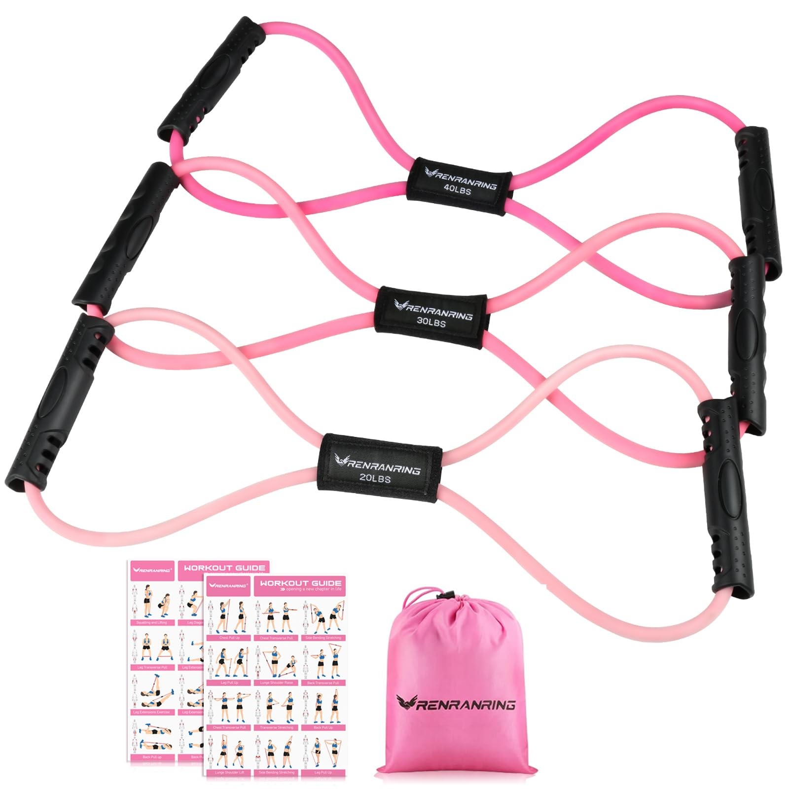 RENRANRING Figure 8 Fitness Resistance Bands with Handles - 3PCS, Pink series