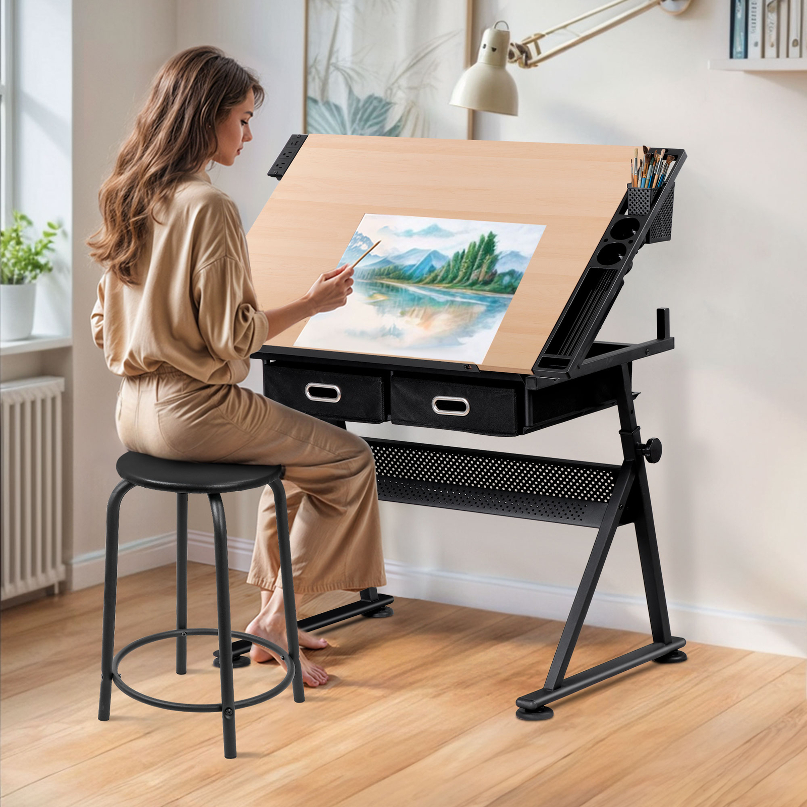 Drafting Table with Stool Set Artist Workstation Natural Writing Desk Home