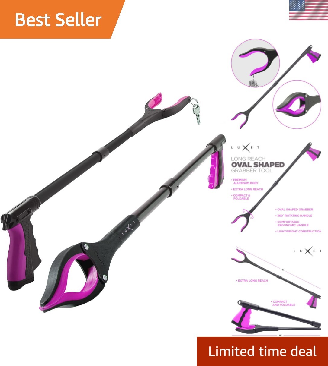 Grabber Reacher Tool 2 Pack Long 32 Inch Foldable Pick Up Stick Strong Grip