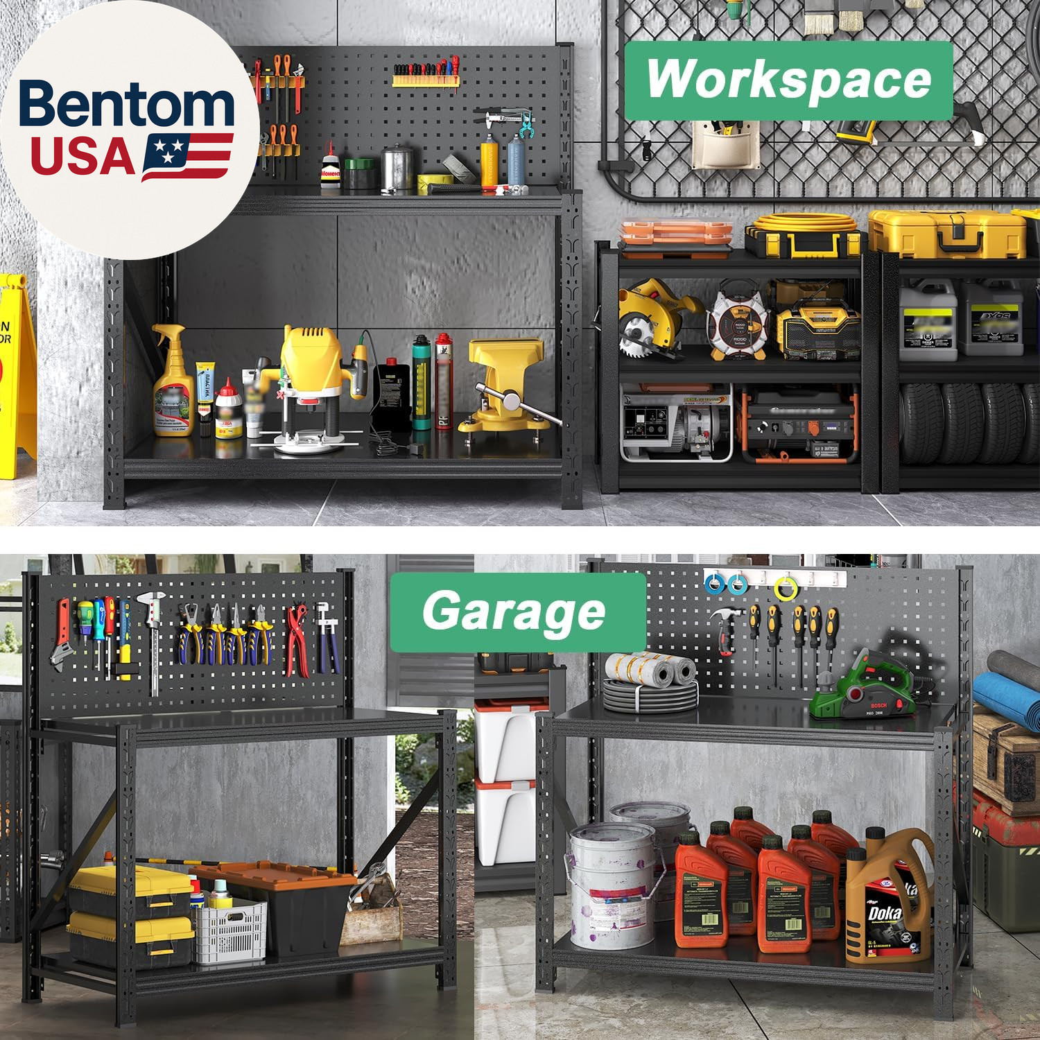 Work Bench with Pegboard,Heavy Duty 3000Lbs Capacity Workbench Adjustable Shelve