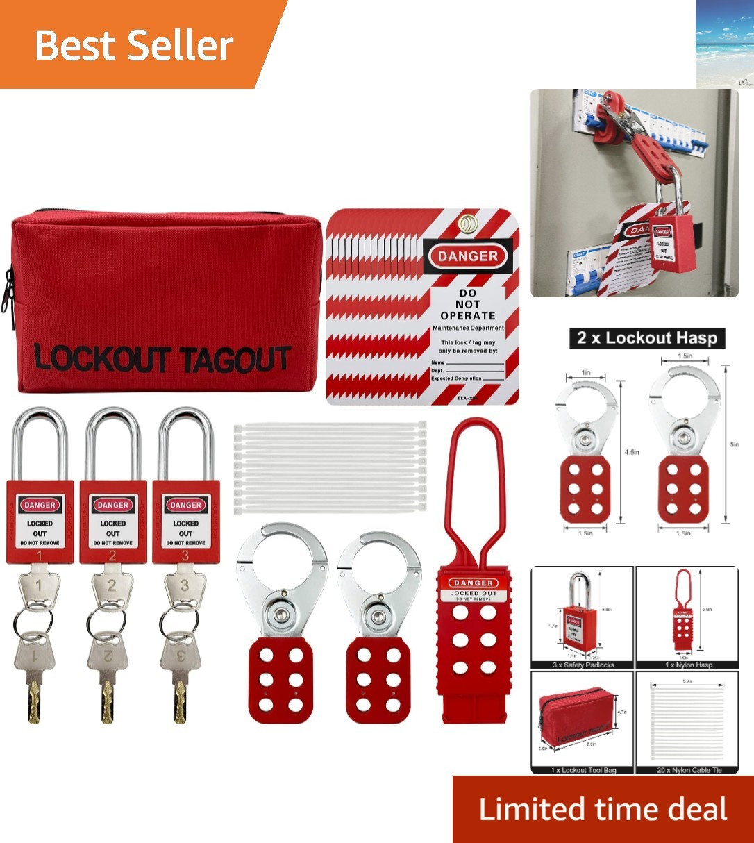 Complete Lockout Tagout Kit - 3 Padlocks, Hasps & Tags for Workplace Safety