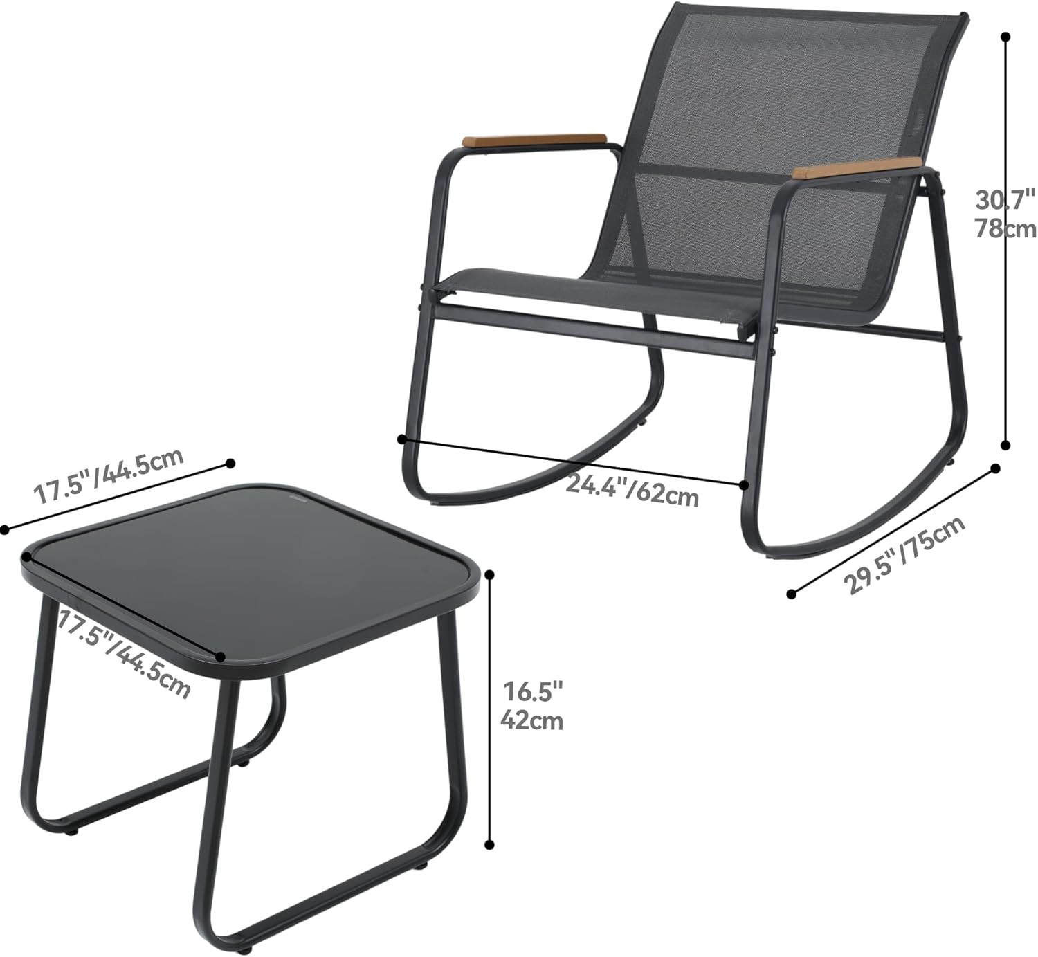 Patio Rocking Bistro Set, 3 Piece Durable Textilene Outdoor Furniture Set, Woode