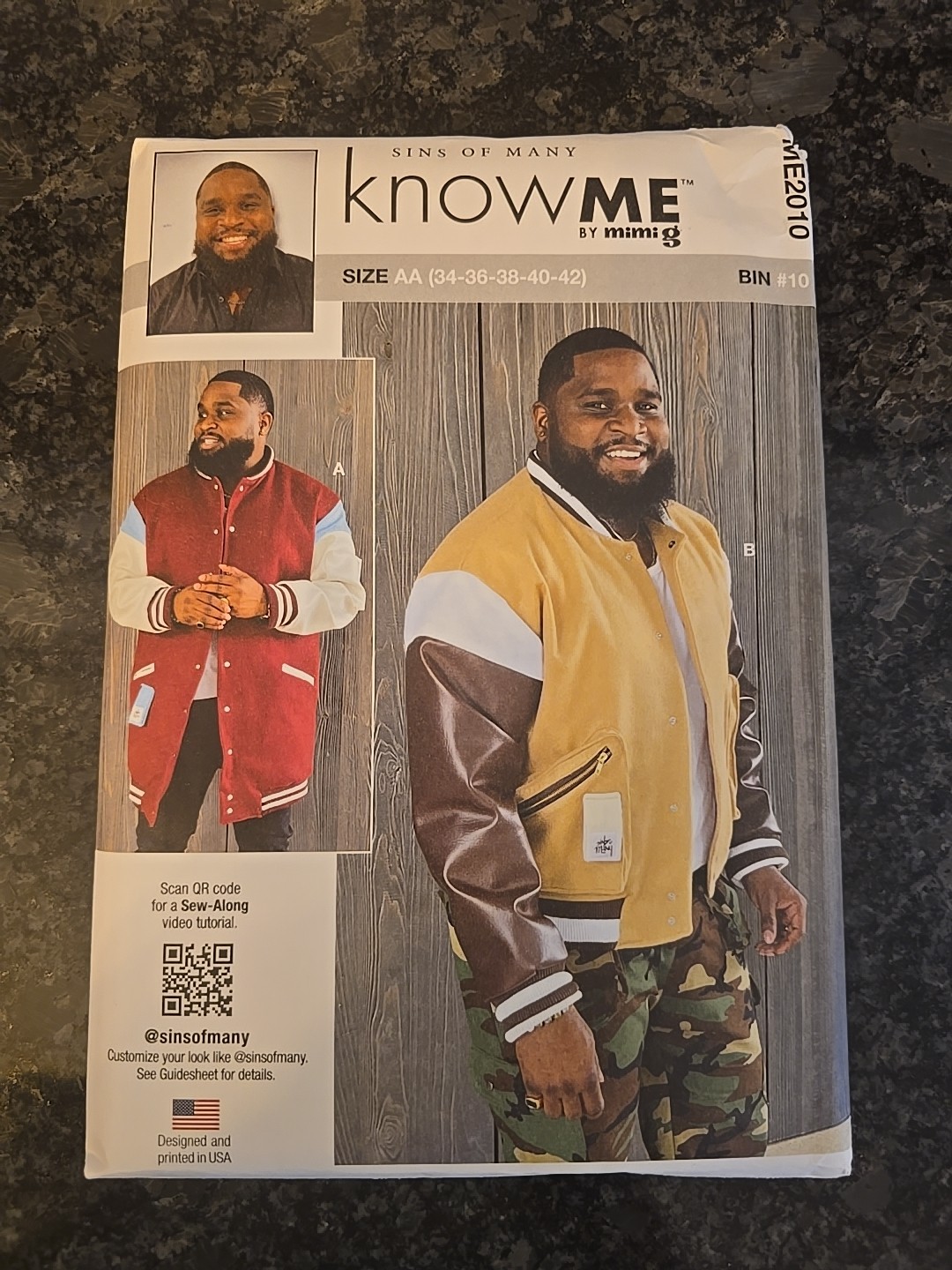 Know Me Mimi G Sewing Pattern ME2010 Men's Varsity Bomber Jacket 2 Lengths 34-42