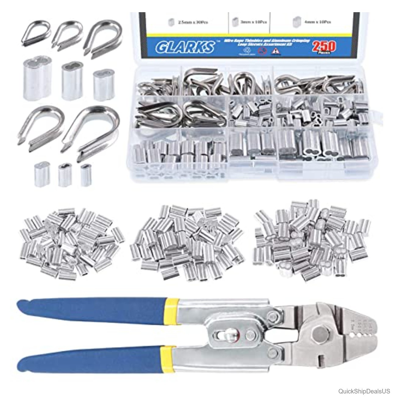 Wire Rope Crimping Tool Kit 150Pcs Ferrules 45Pcs Thimbles 205Pcs Loop Sleeves