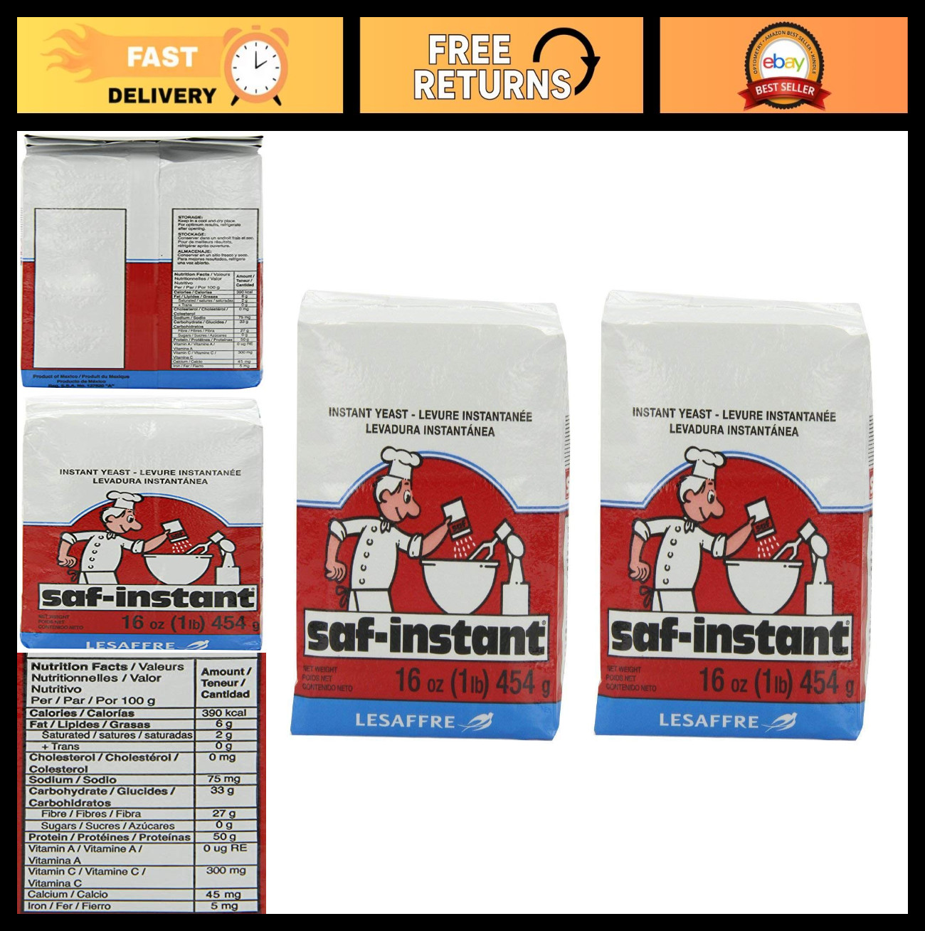 Instant Yeast 1 lb Pouch (2-Pack) - Fast Rising Baking Yeast for Bread & Pastrie