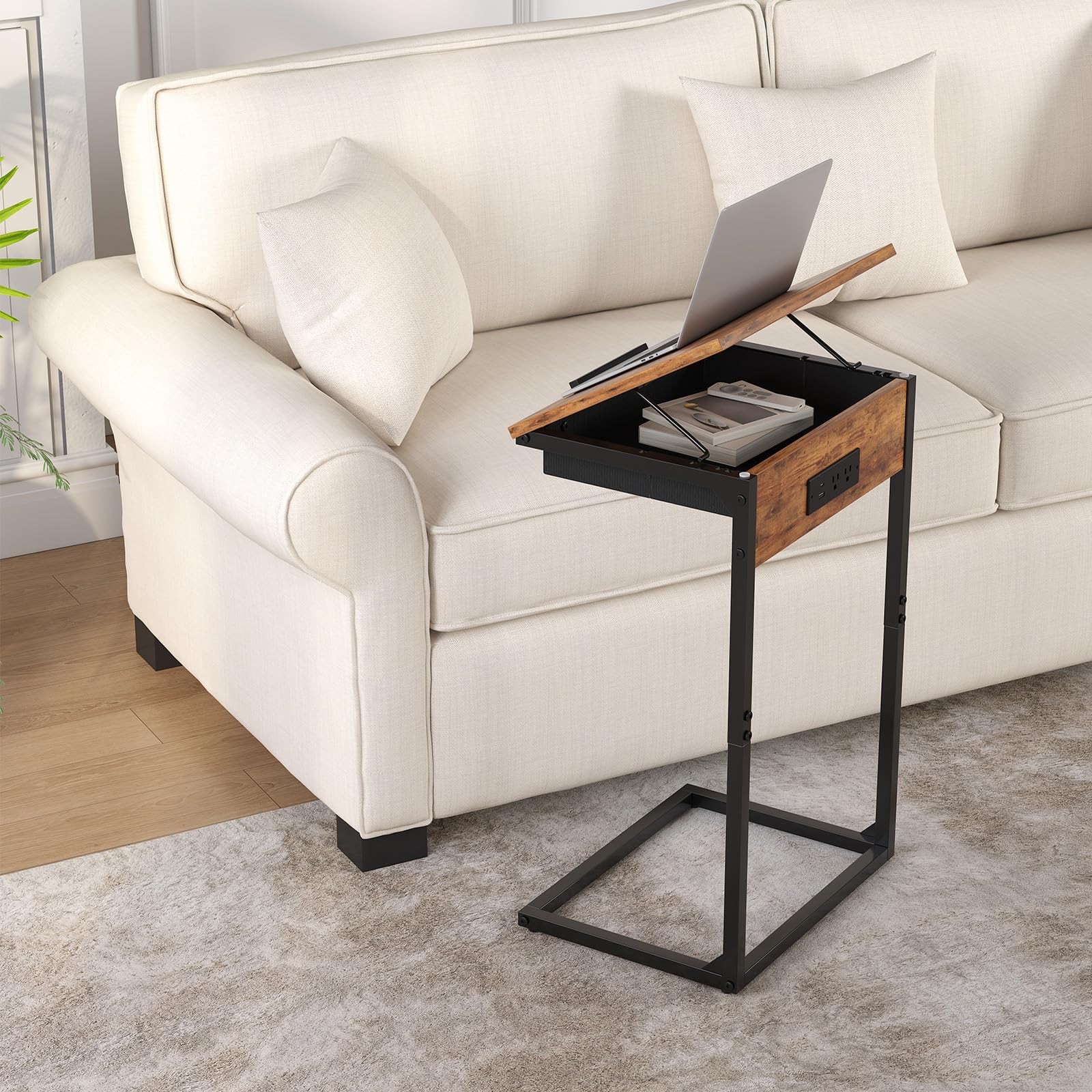 Shaped End Table with Charging Station, 45° Tiltable Adjustable Flip Top Tabl...