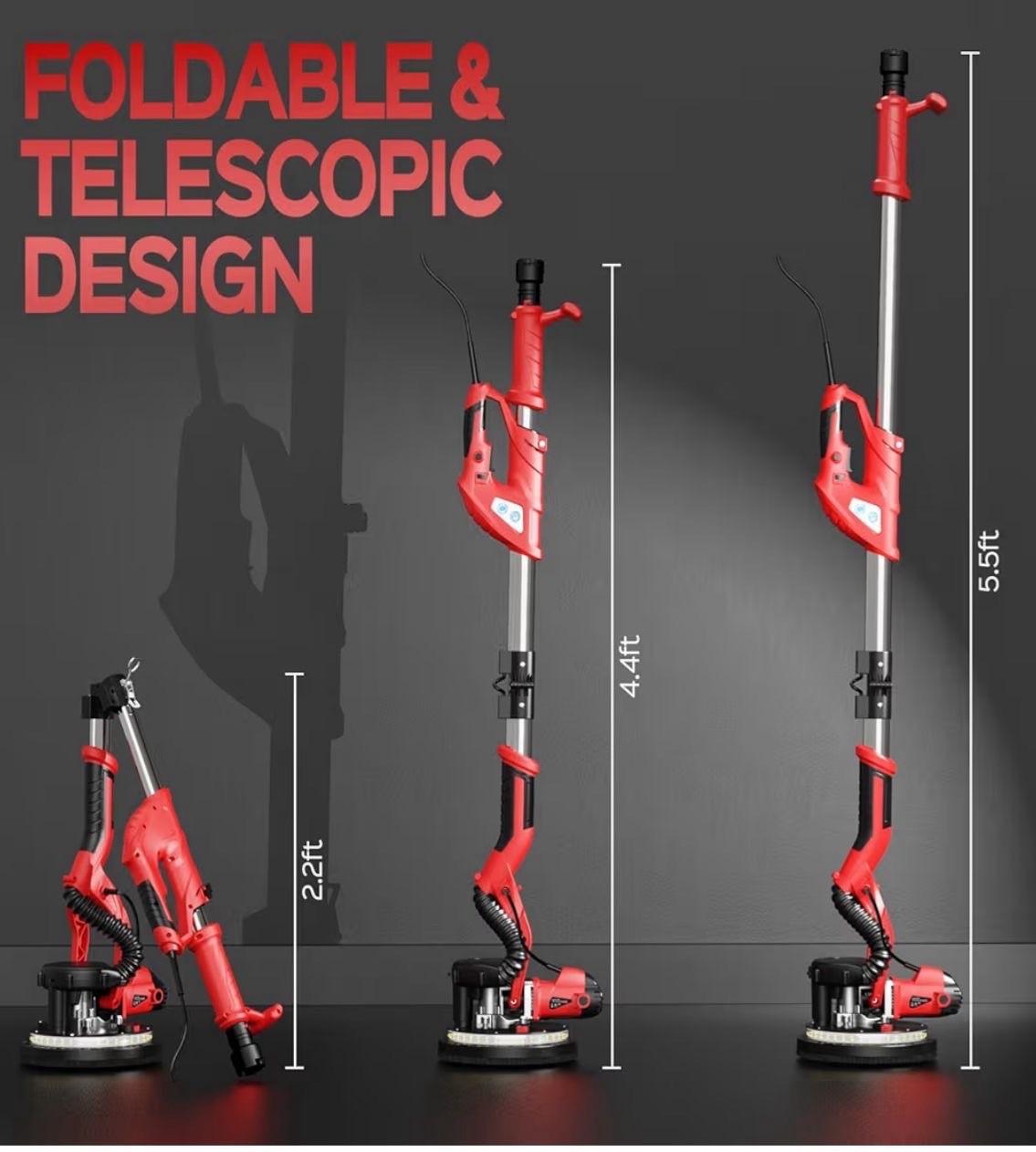 Foldable Telescopic Drywall Vacuum Sander Red Corded Electric with Accessories