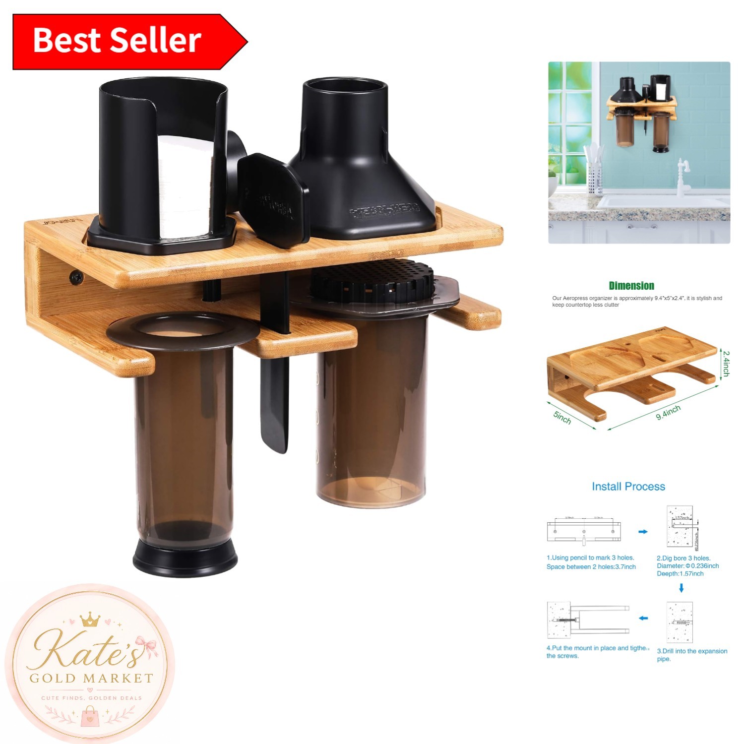 Polished Bamboo Aeropress Wall Organizer - Space-Saving Design, 9.4x5x2.4 Inches
