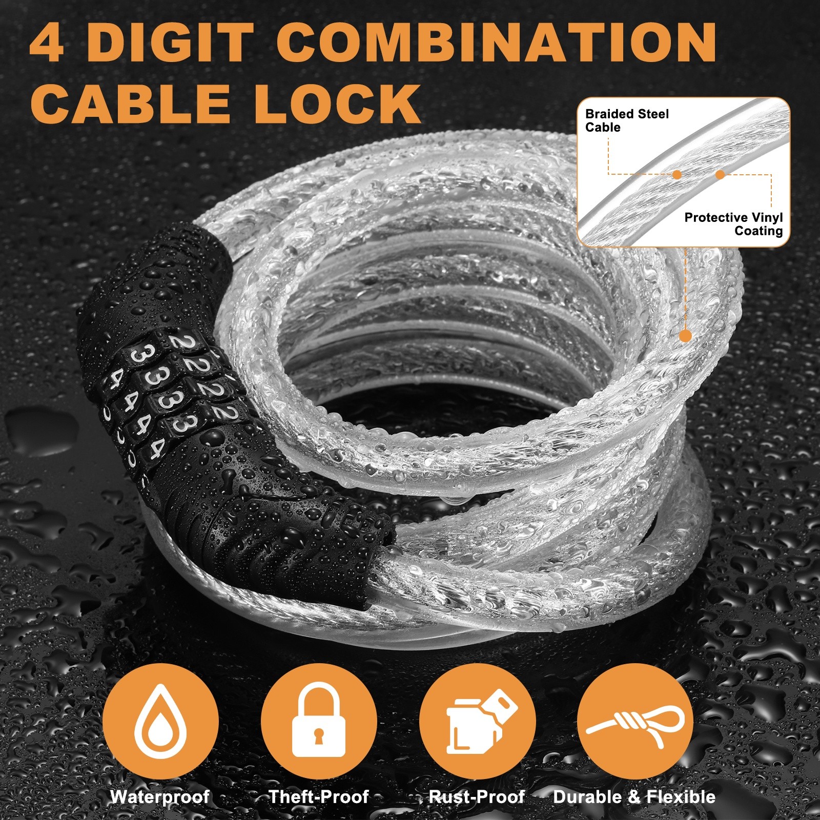 150cm Bike Lock Cable, Security Bike Wire with 4 Digit Code Combination, Clear