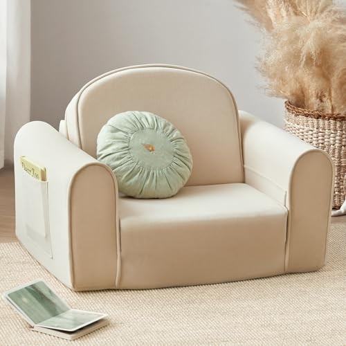 2-in-1 Foldable Kids Couch with Pockets – Soft Thick Toddler Sofa, Beige