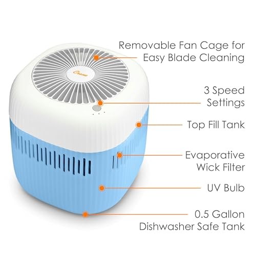 Evaporative Humidifier, Wick Filter, Dishwasher Safe Tank, UV Light, No White