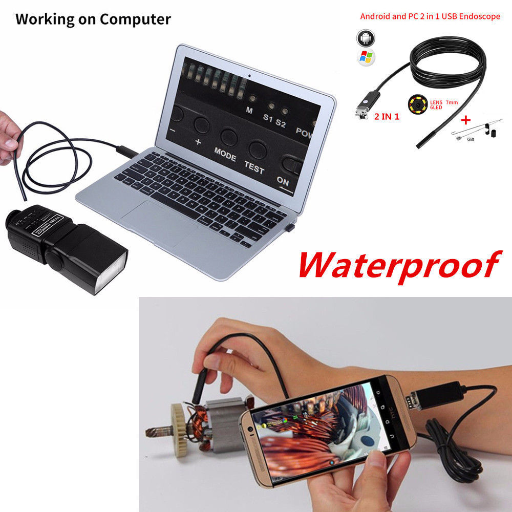 7mm 2in1 Waterproof USB Endoscope Borescope Snake Inspection Camera Android PC