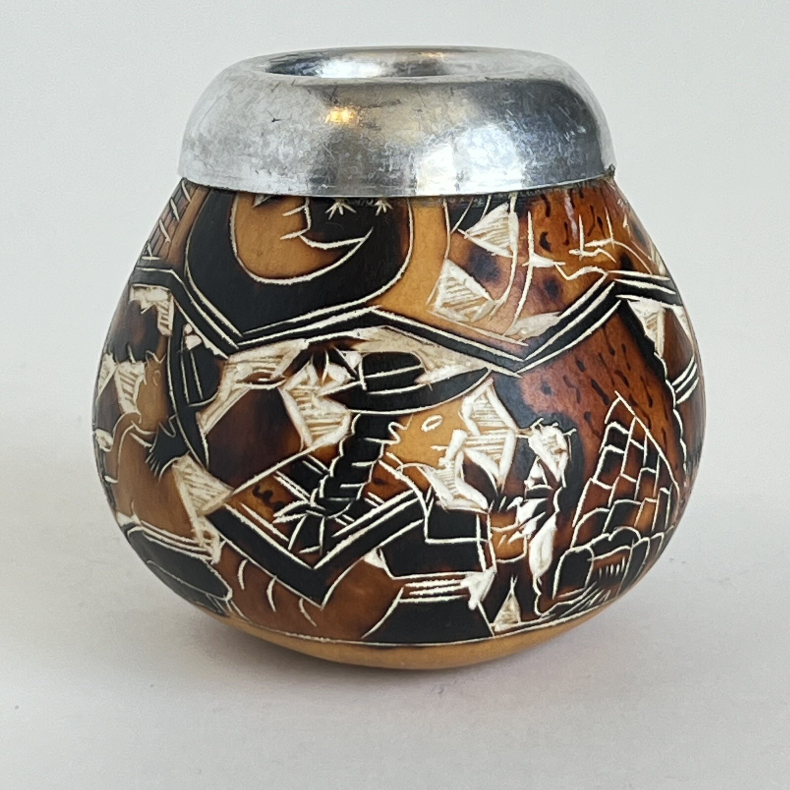 Vintage Peruvian Hand-Carved Gourd Squash Folk Art Bowl Andean Figures Metal Rim