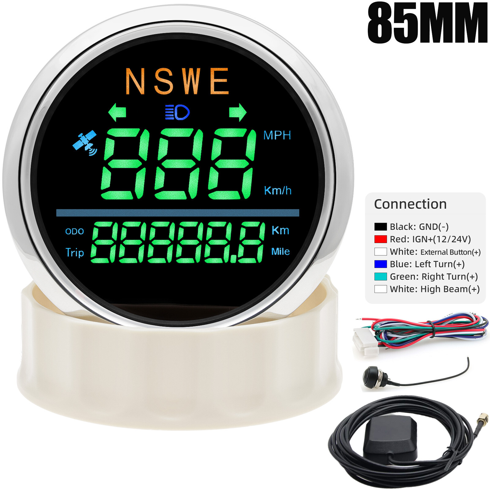 85mm GPS Speedometer MPH KM/H Gauge Green LED for Marine Boat Car Truck ATV