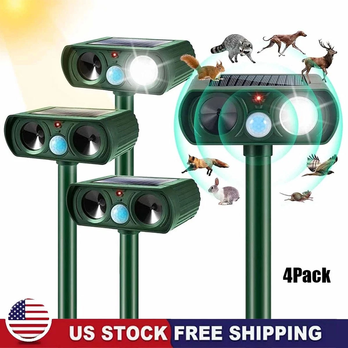 4x Animal Repeller Ultrasonic Solar Power Outdoor Pest Cat Mice Deer Sensor USA