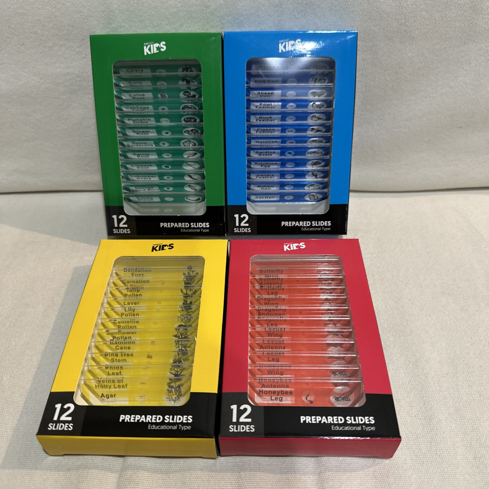 AMSCOPE-KIDS 48pc Plastic Prepared Microscope Slides of Animals Insects Plants