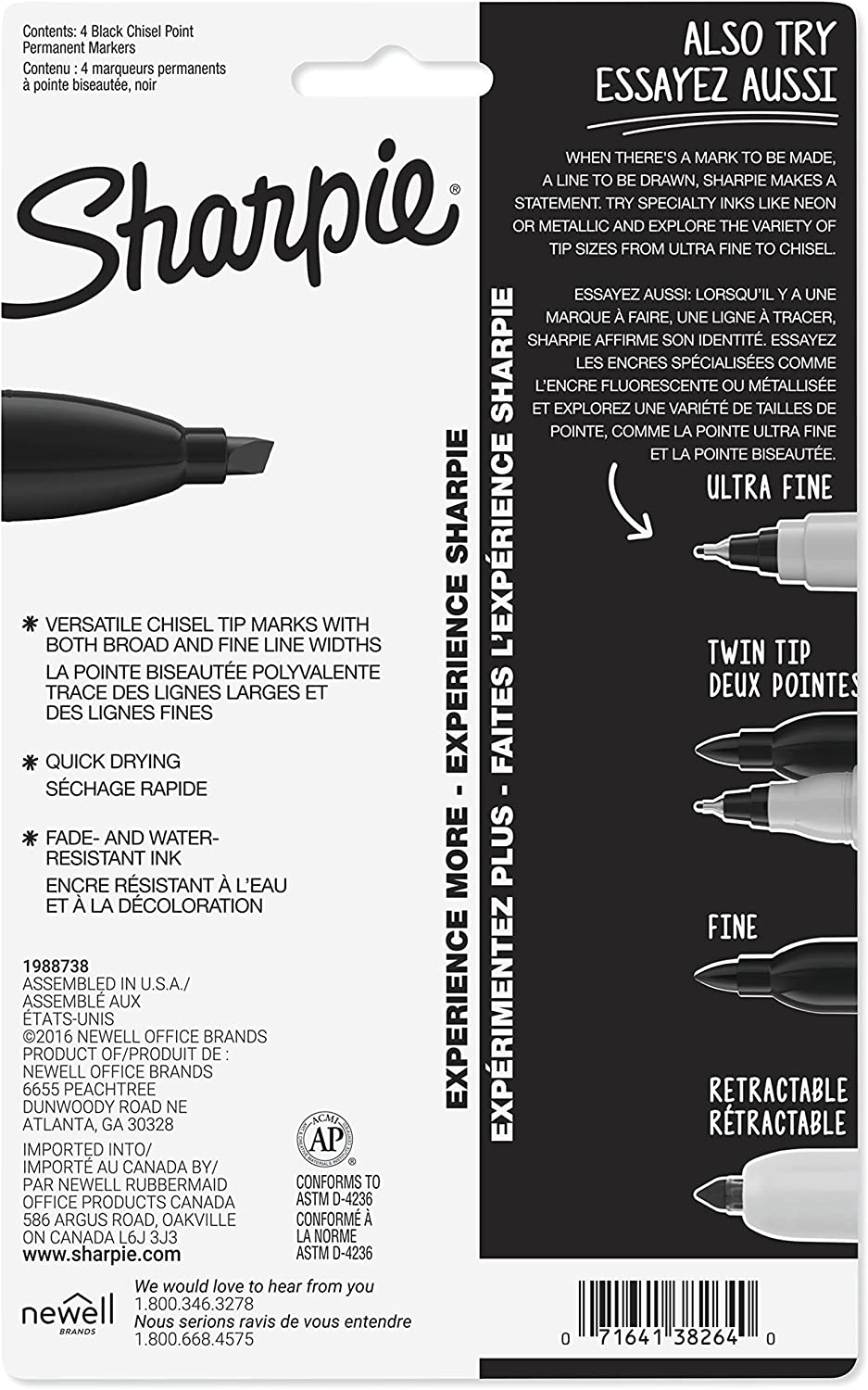 Sharpie 38264PP Permanent Markers Chisel Tip Black 4 Count